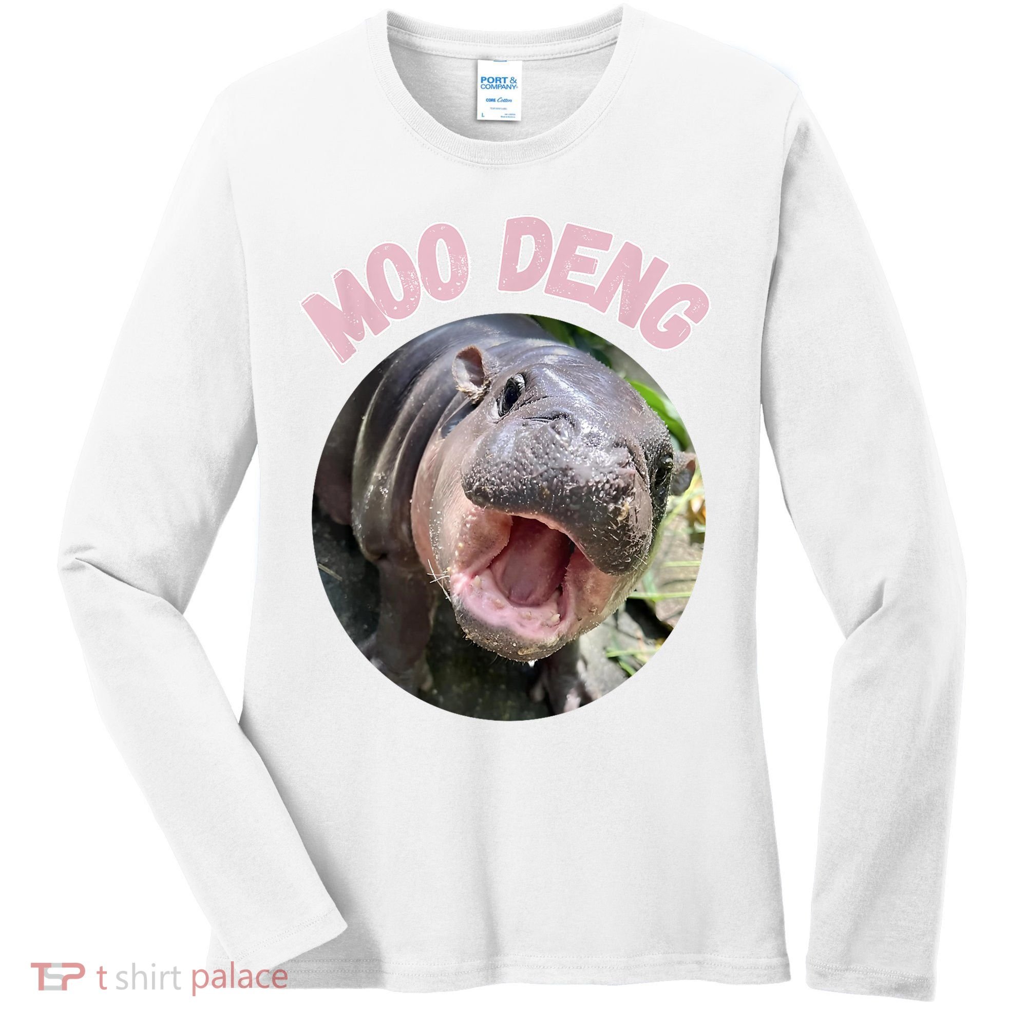Moo Deng Bouncy Pig In Thai Picture The Cute Baby Hippo Gift Women's Long Sleeve Shirt