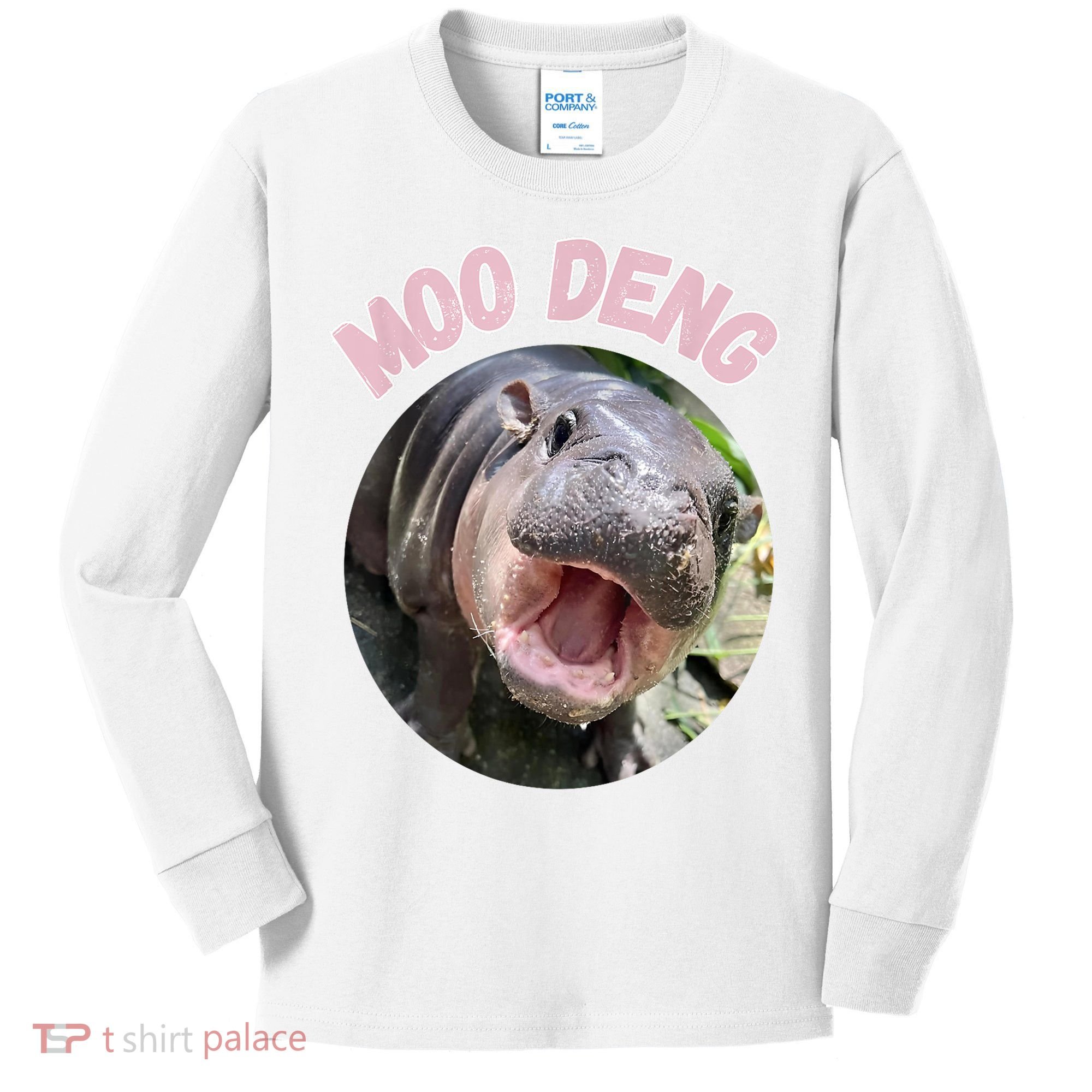 Moo Deng Bouncy Pig In Thai Picture The Cute Baby Hippo Gift Kids Long Sleeve Shirt