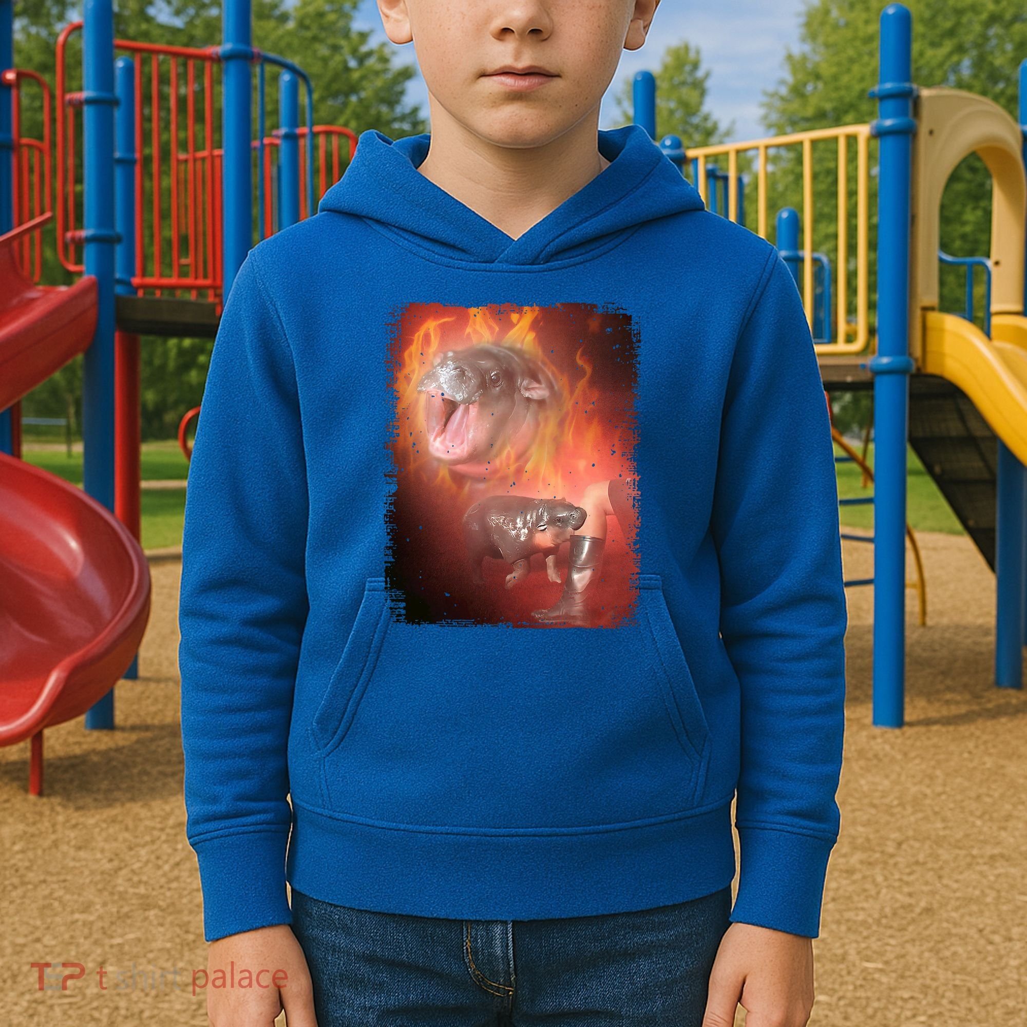 Moo Deng Bouncy Pig In Thai Fire Picture The Cute Baby Hippo Kids Hoodie
