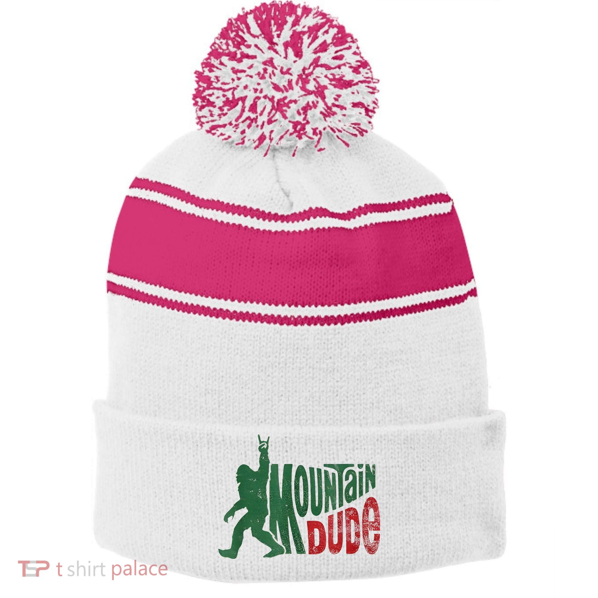 Mountain Dude Bigfoot Sasquatch Rock On Stripe Pom Pom Beanie