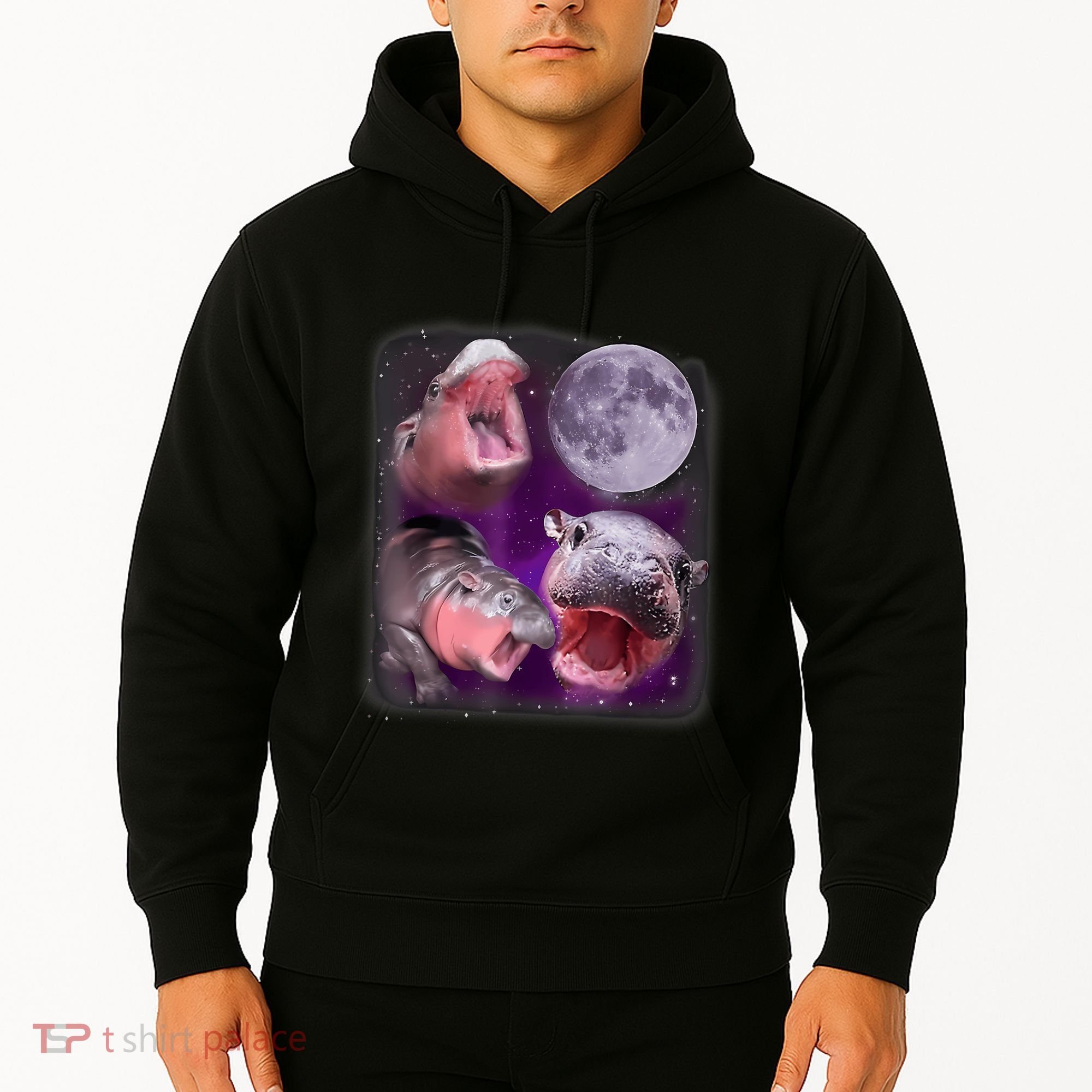Moo Deng Bouncy Pig In Thai Picture Howling Under The Moon Hoodie