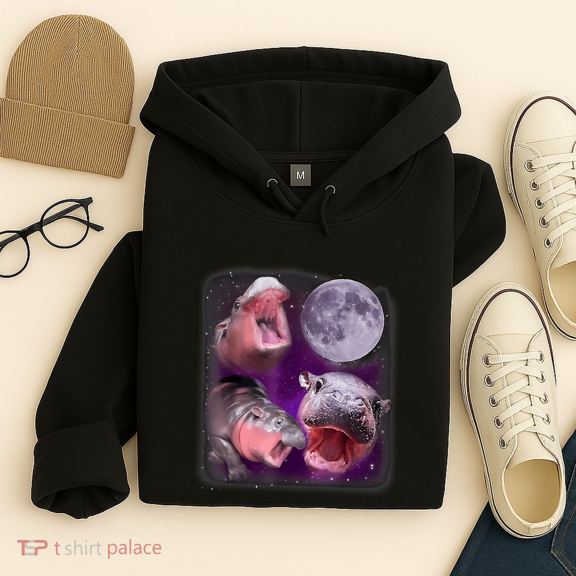 Moo Deng Bouncy Pig In Thai Picture Howling Under The Moon Hoodie