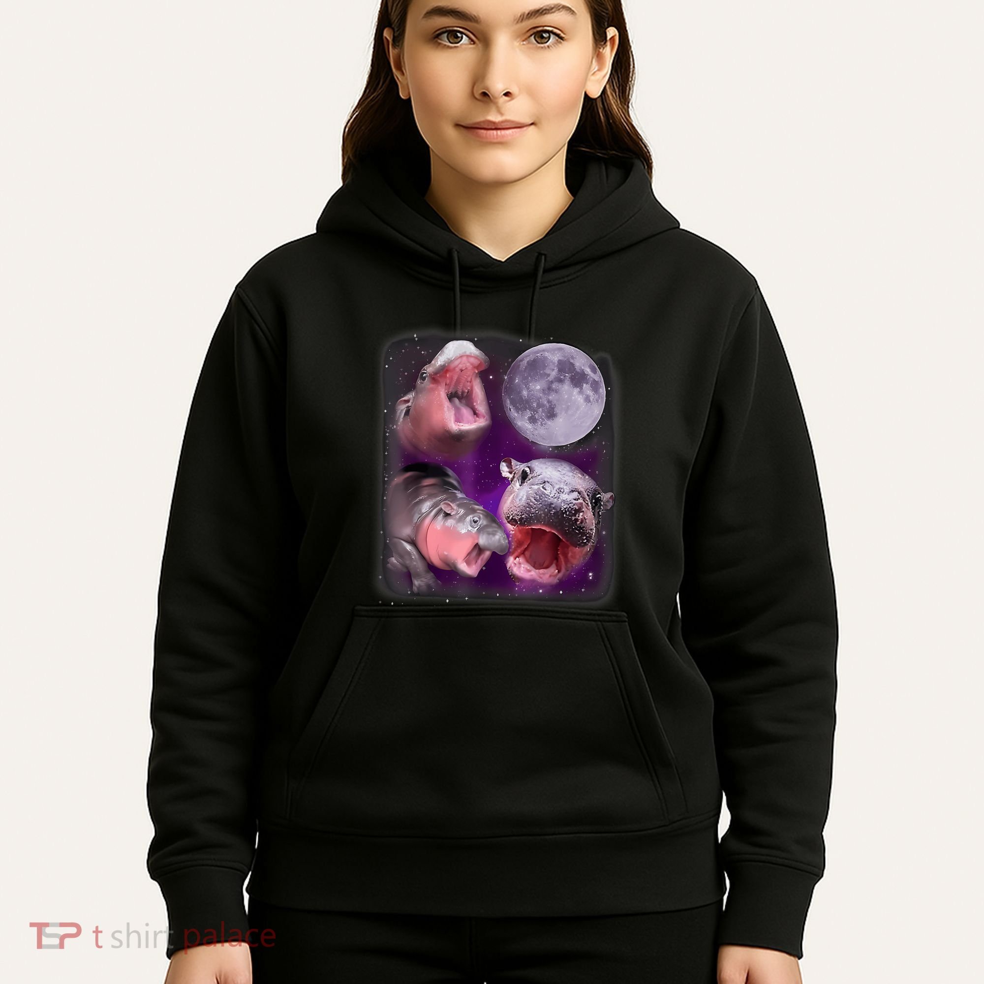 Moo Deng Bouncy Pig In Thai Picture Howling Under The Moon Hoodie