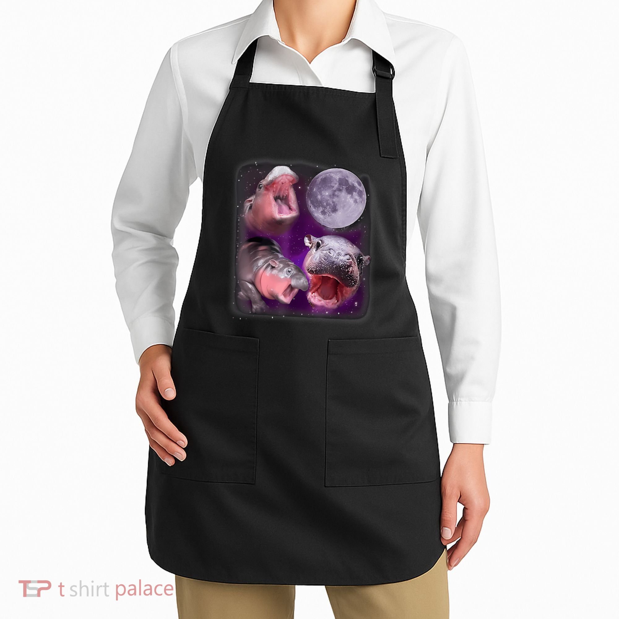Moo Deng Bouncy Pig In Thai Picture Howling Under The Moon Apron