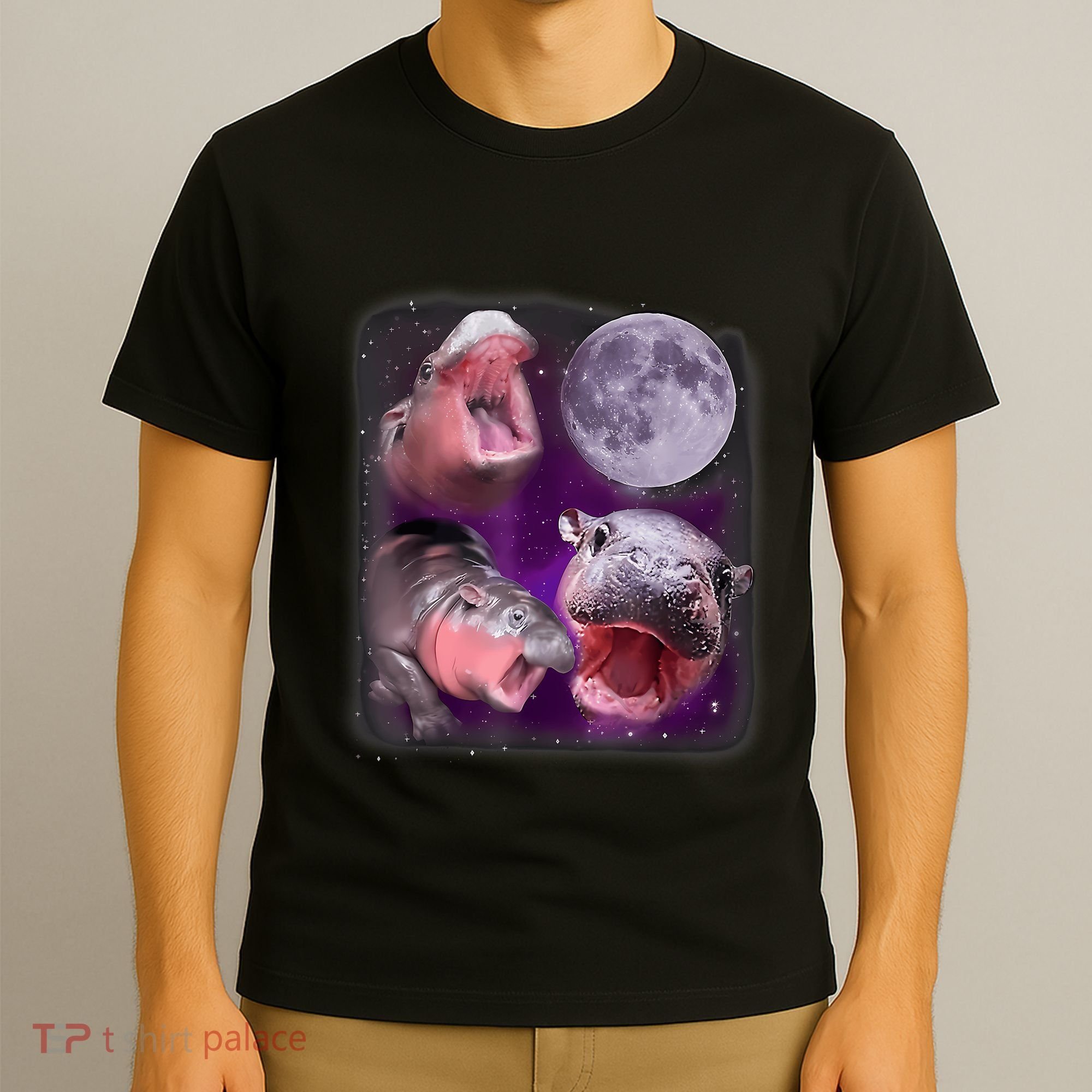 Moo Deng Bouncy Pig In Thai Picture Howling Under The Moon T-Shirt