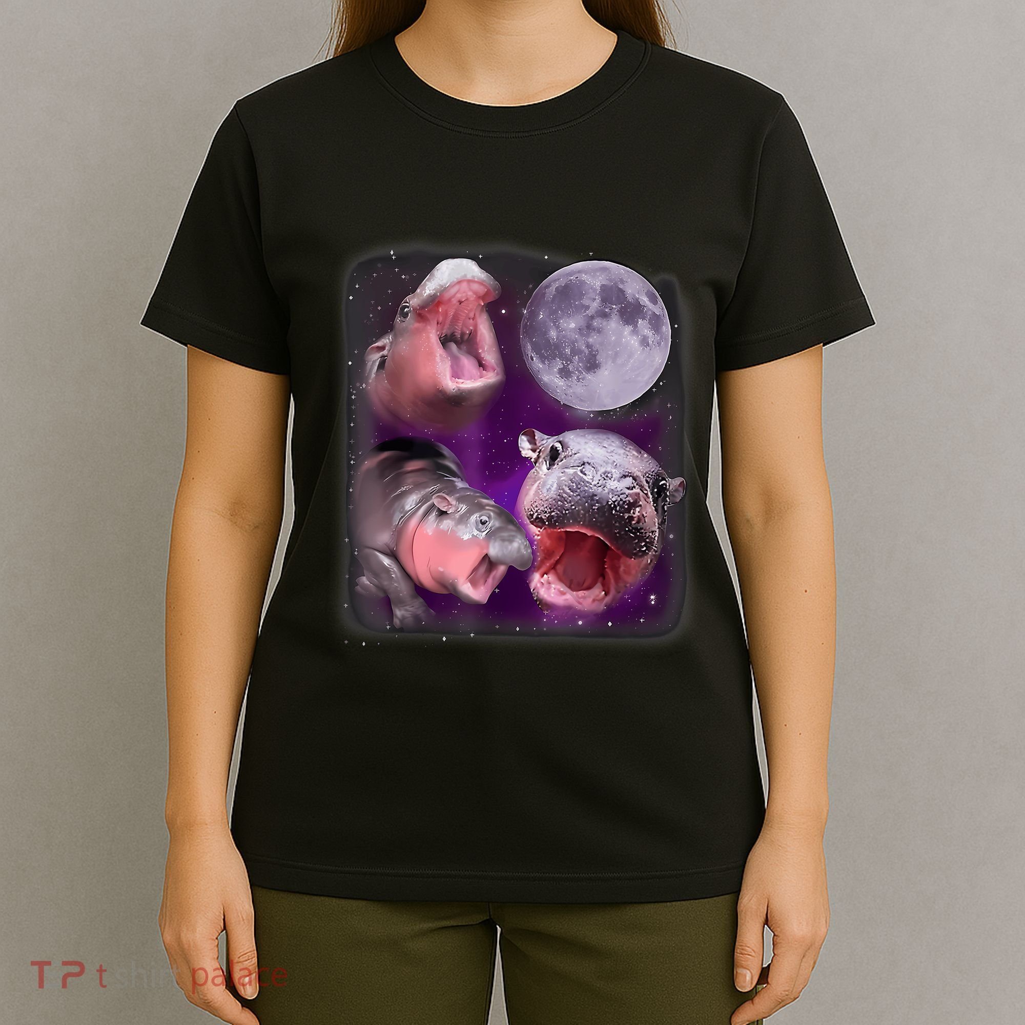 Moo Deng Bouncy Pig In Thai Picture Howling Under The Moon T-Shirt