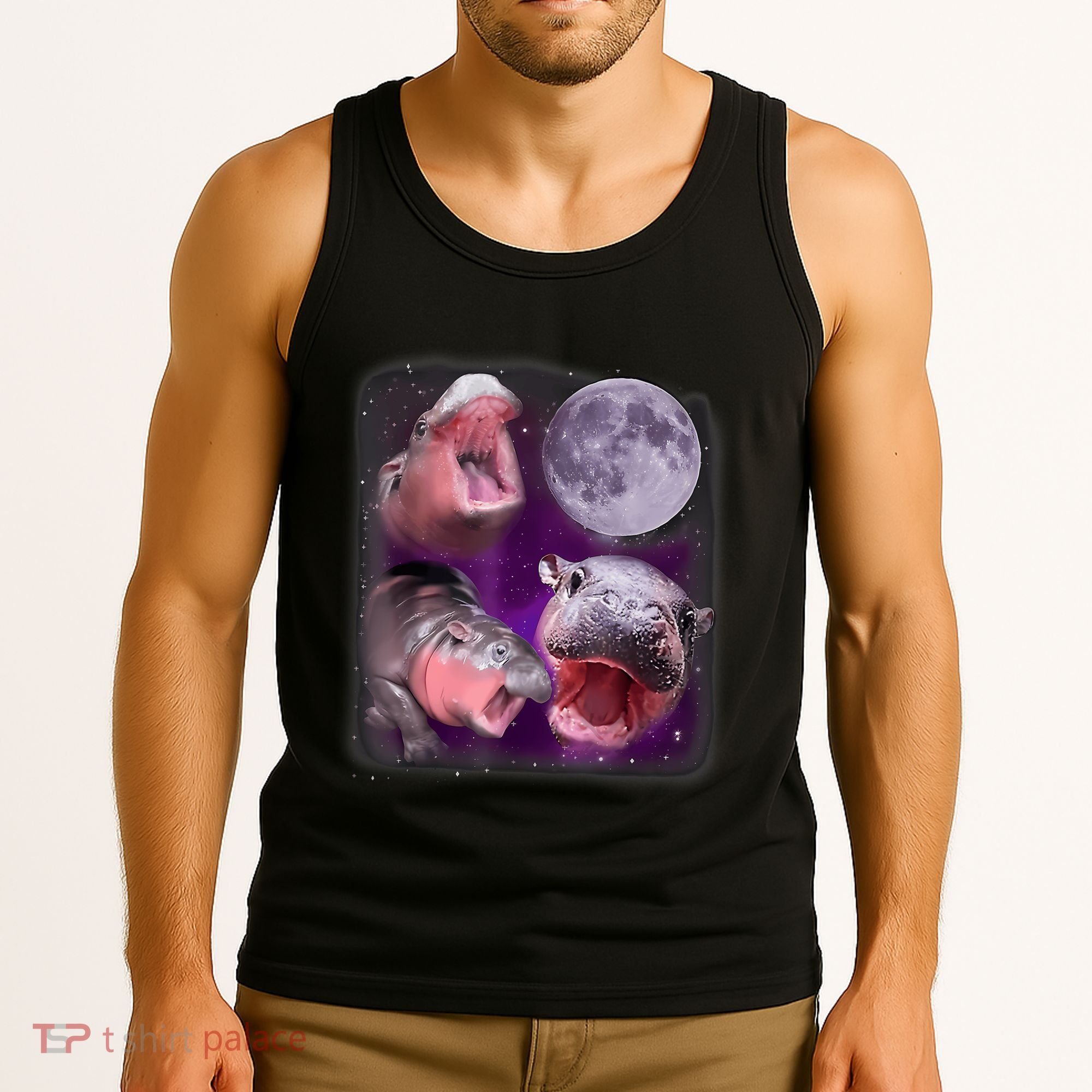 Moo Deng Bouncy Pig In Thai Picture Howling Under The Moon Tank Top