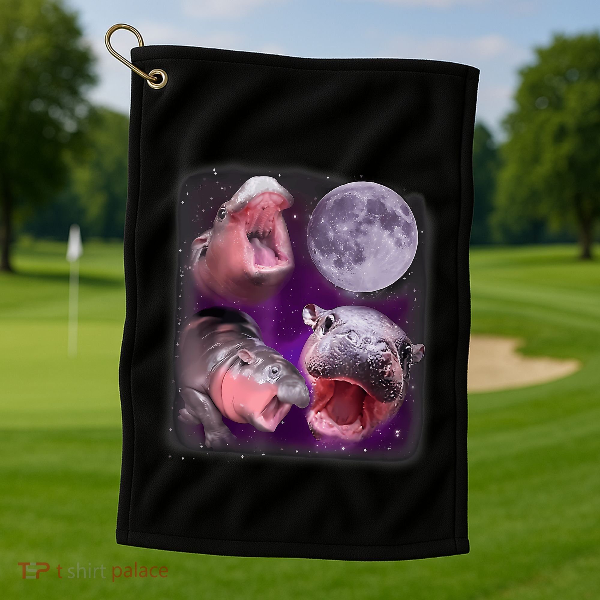 Moo Deng Bouncy Pig In Thai Picture Howling Under The Moon Golf Towel
