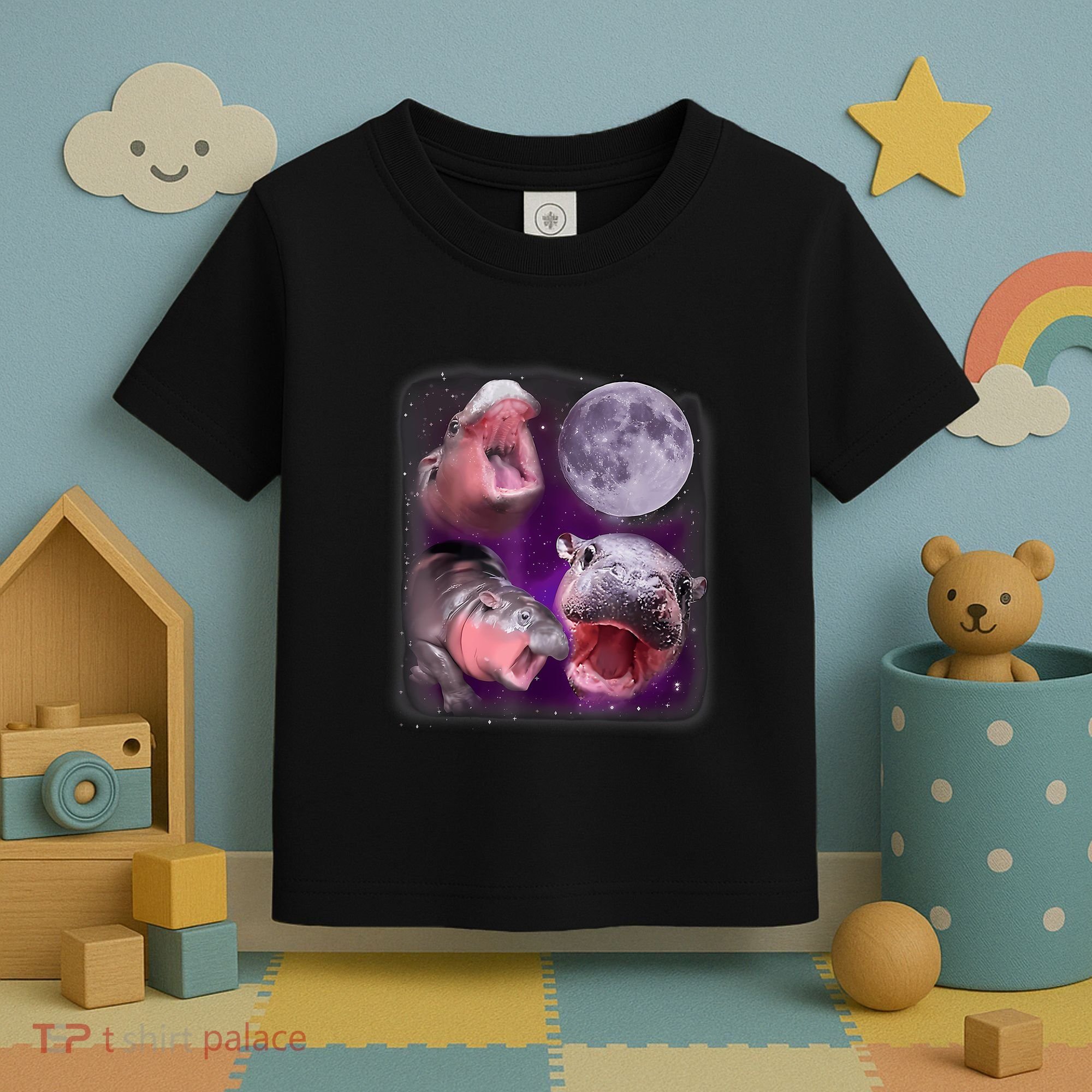 Moo Deng Bouncy Pig In Thai Picture Howling Under The Moon Toddler T-Shirt