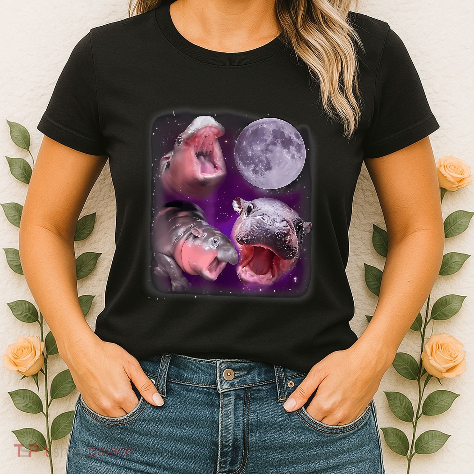 Moo Deng Bouncy Pig In Thai Picture Howling Under The Moon Women's T-Shirt