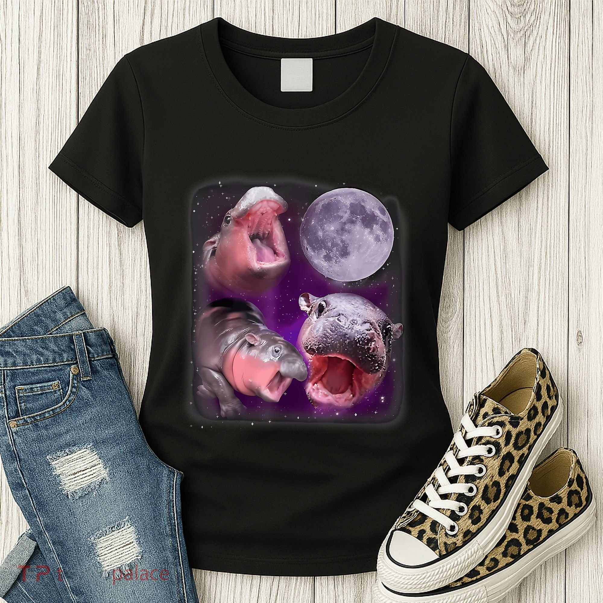 Moo Deng Bouncy Pig In Thai Picture Howling Under The Moon Women's T-Shirt