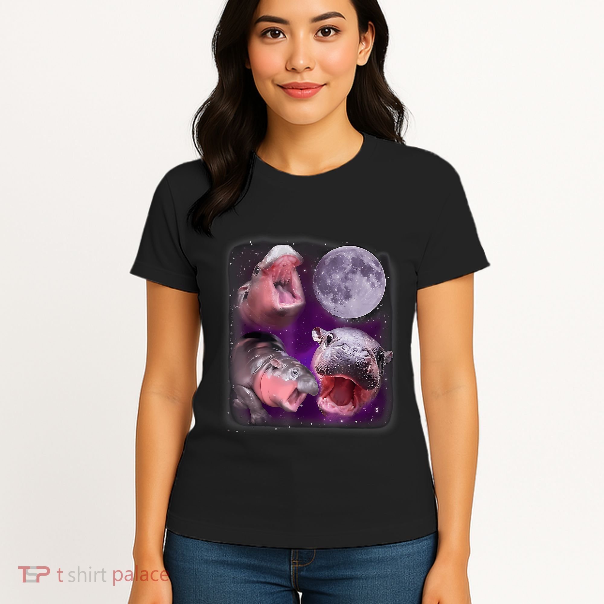 Moo Deng Bouncy Pig In Thai Picture Howling Under The Moon Women's T-Shirt
