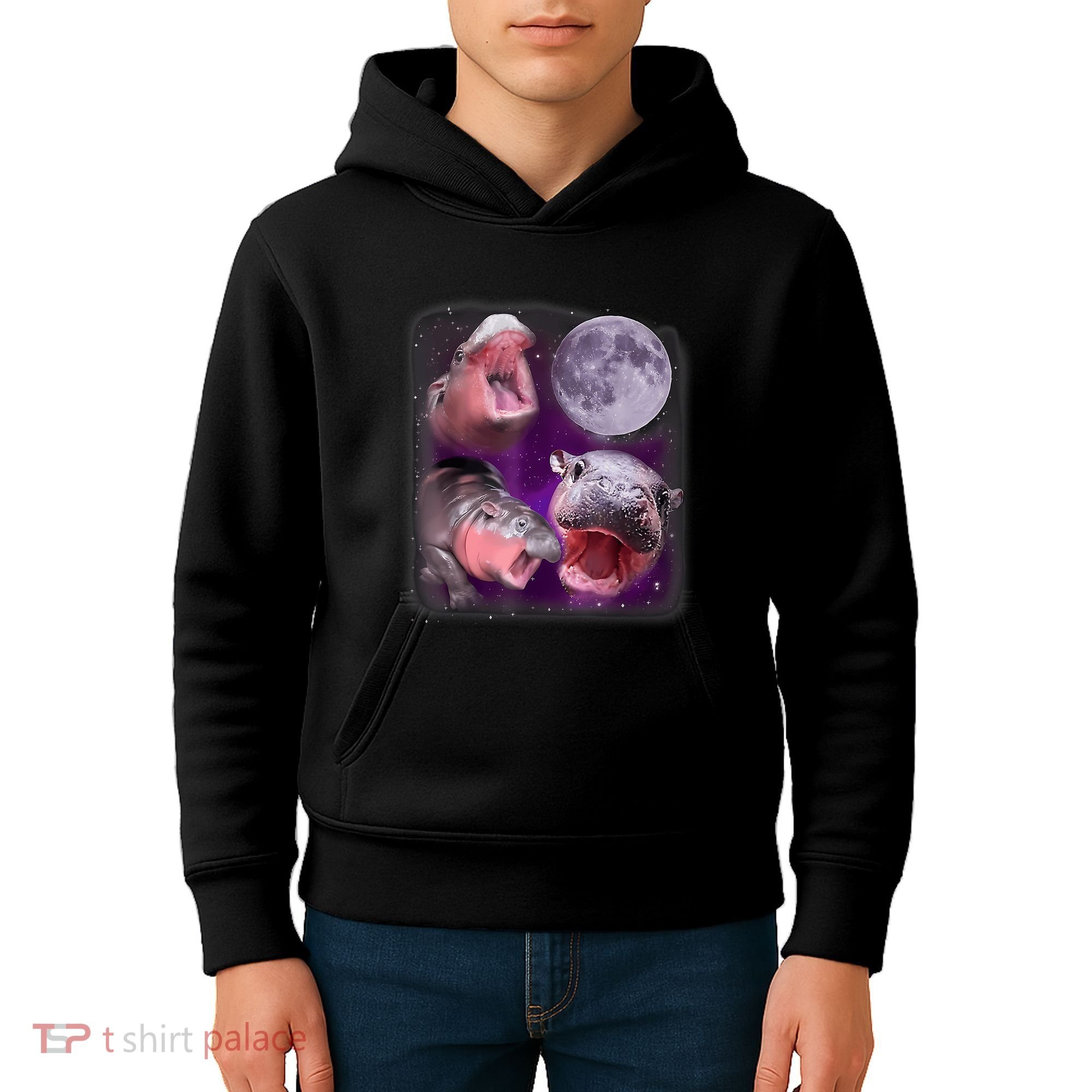 Moo Deng Bouncy Pig In Thai Picture Howling Under The Moon Kids Hoodie