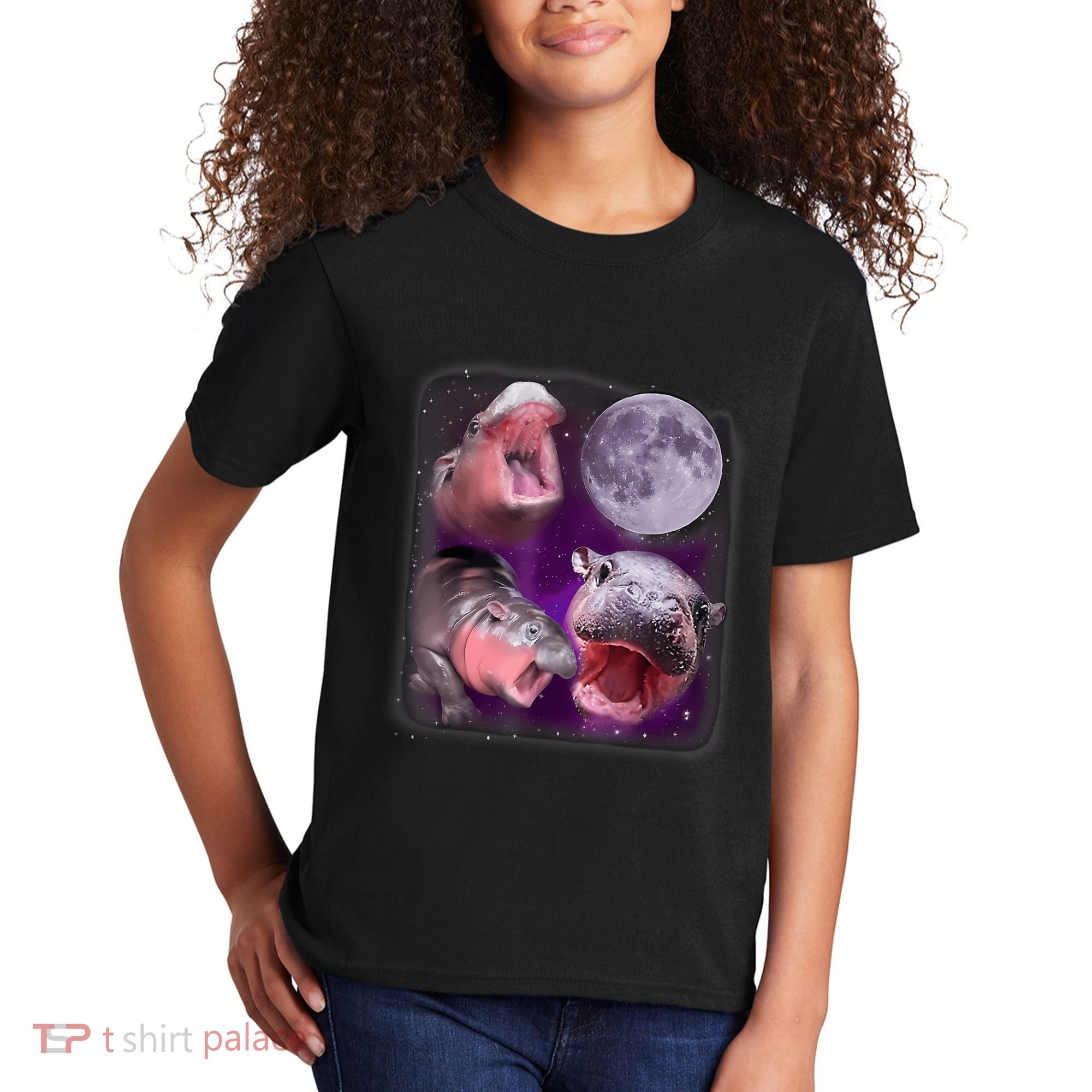 Moo Deng Bouncy Pig In Thai Picture Howling Under The Moon Kids T-Shirt