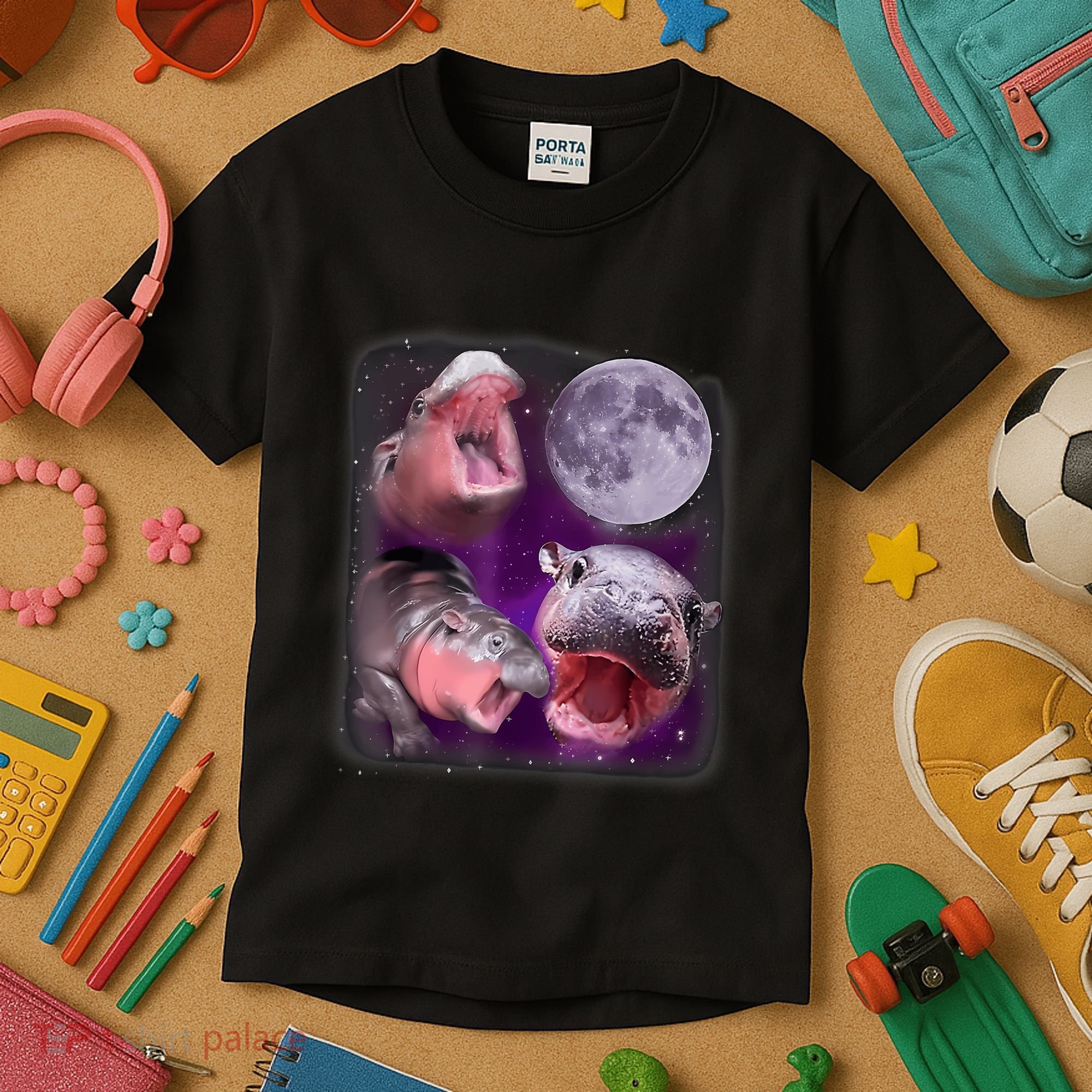Moo Deng Bouncy Pig In Thai Picture Howling Under The Moon Kids T-Shirt