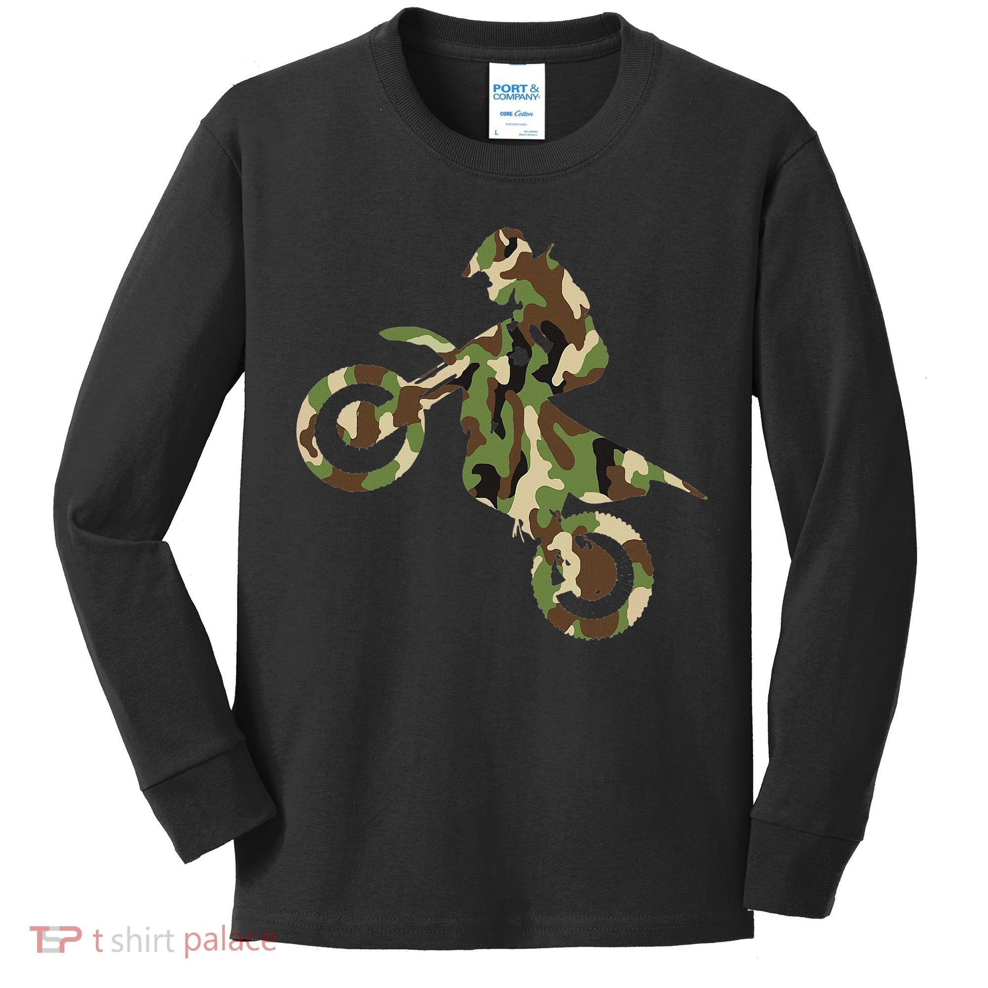 Motocross Dirt Bike Racing Camo Camouflage Kids Long Sleeve Shirt