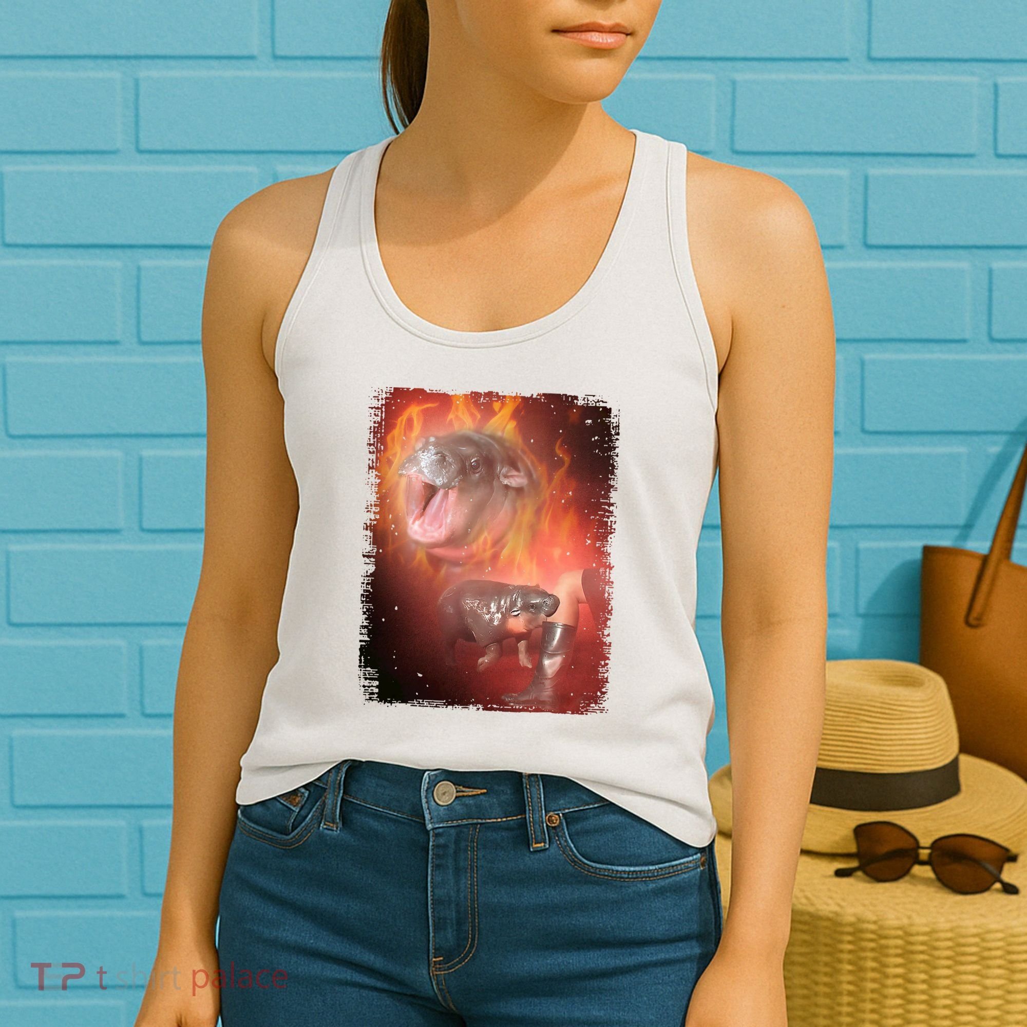 Moo Deng Bouncy Pig In Thai Fire Picture The Cute Baby Hippo Women's Tank Top