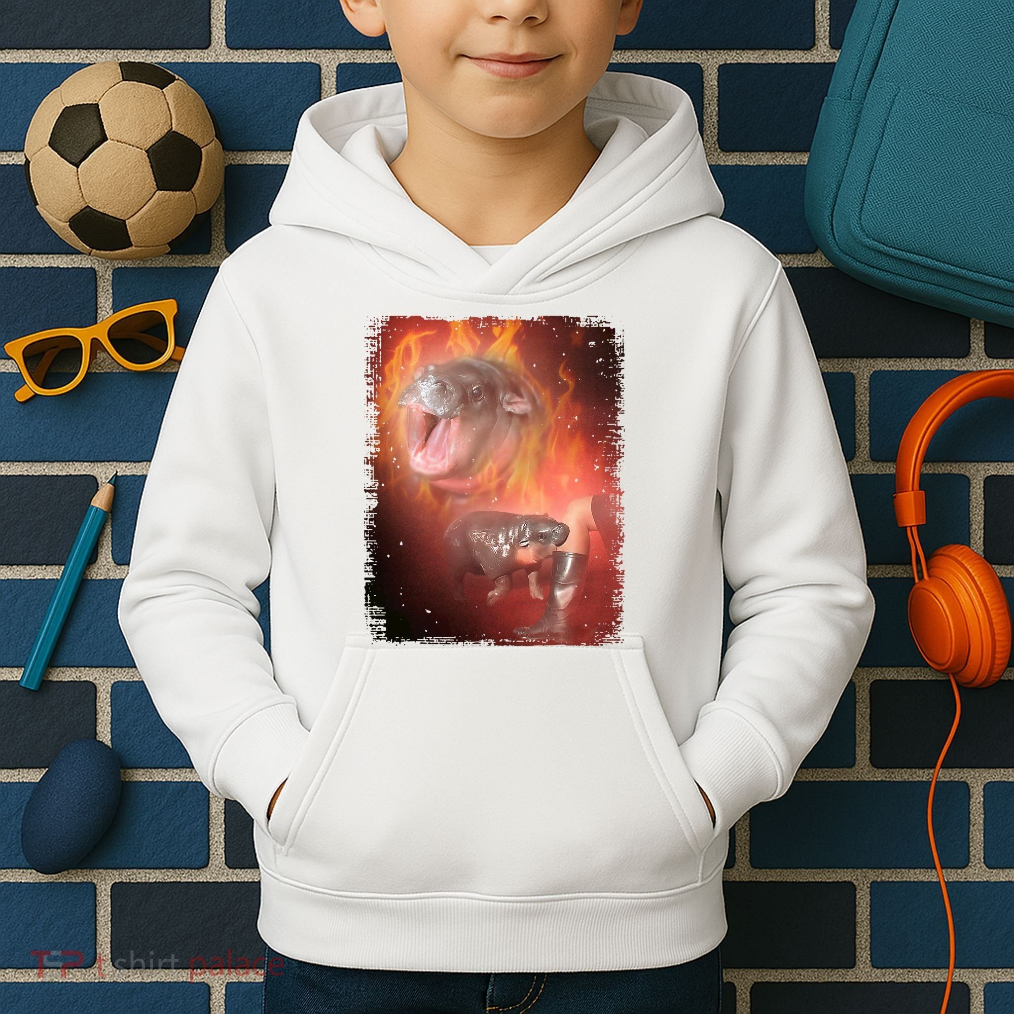 Moo Deng Bouncy Pig In Thai Fire Picture The Cute Baby Hippo Kids Hoodie