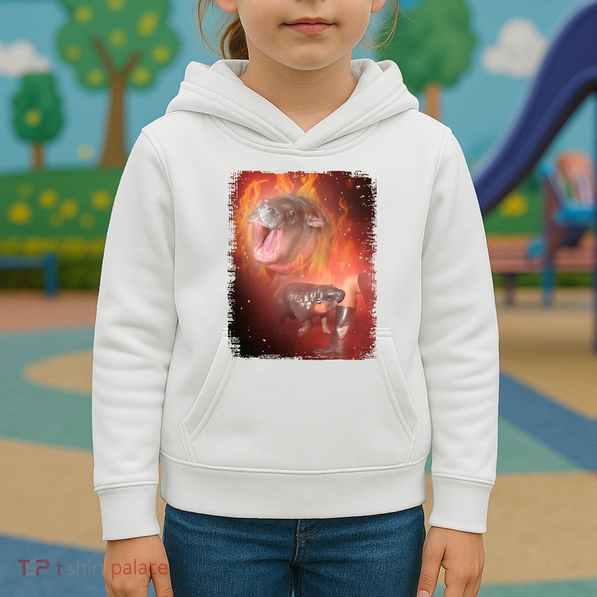 Moo Deng Bouncy Pig In Thai Fire Picture The Cute Baby Hippo Kids Hoodie