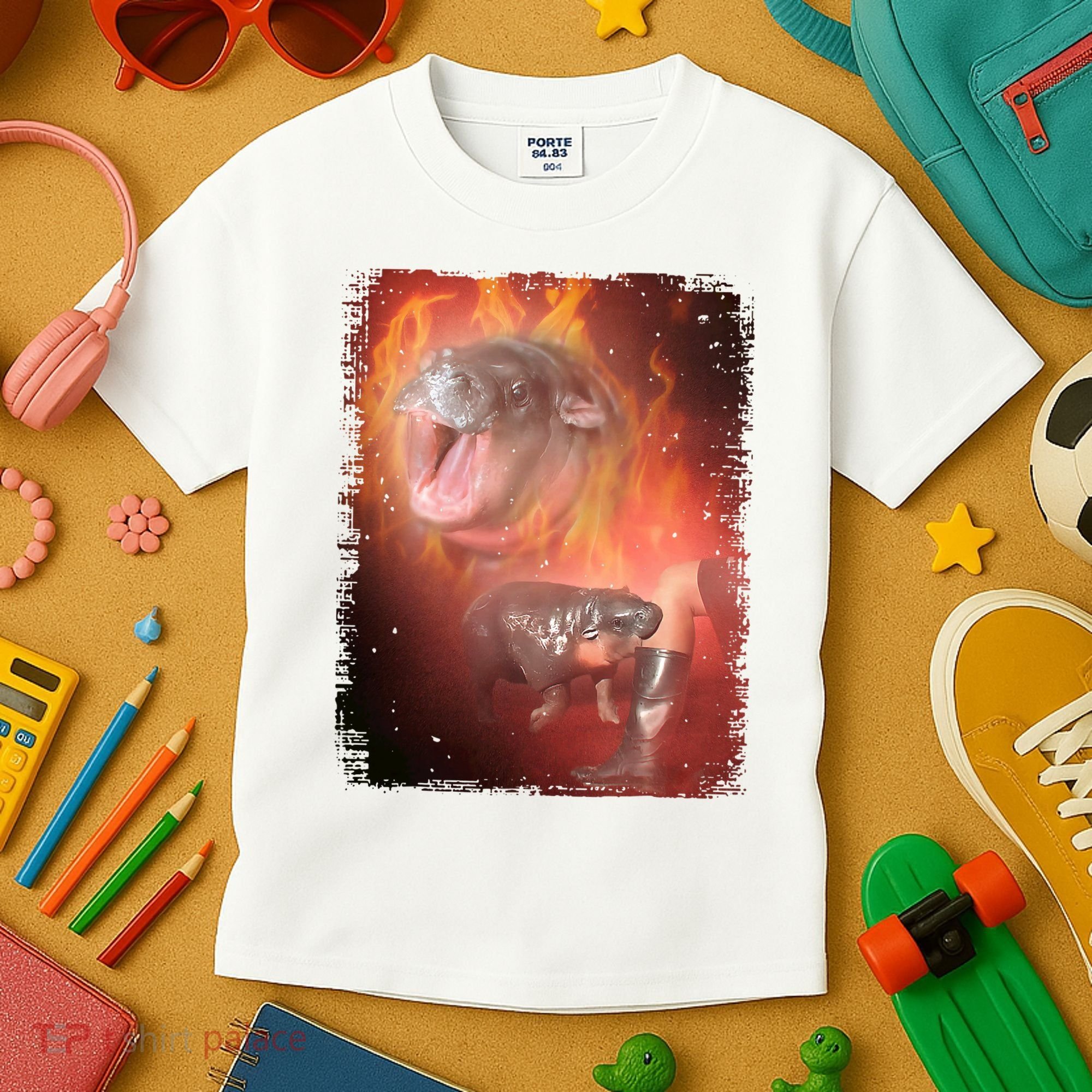 Moo Deng Bouncy Pig In Thai Fire Picture The Cute Baby Hippo Kids T-Shirt