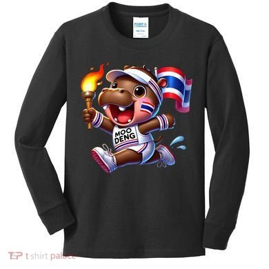 Moo Deng Cute Baby Hippo Thailand Running Marathon Kids Long Sleeve Shirt