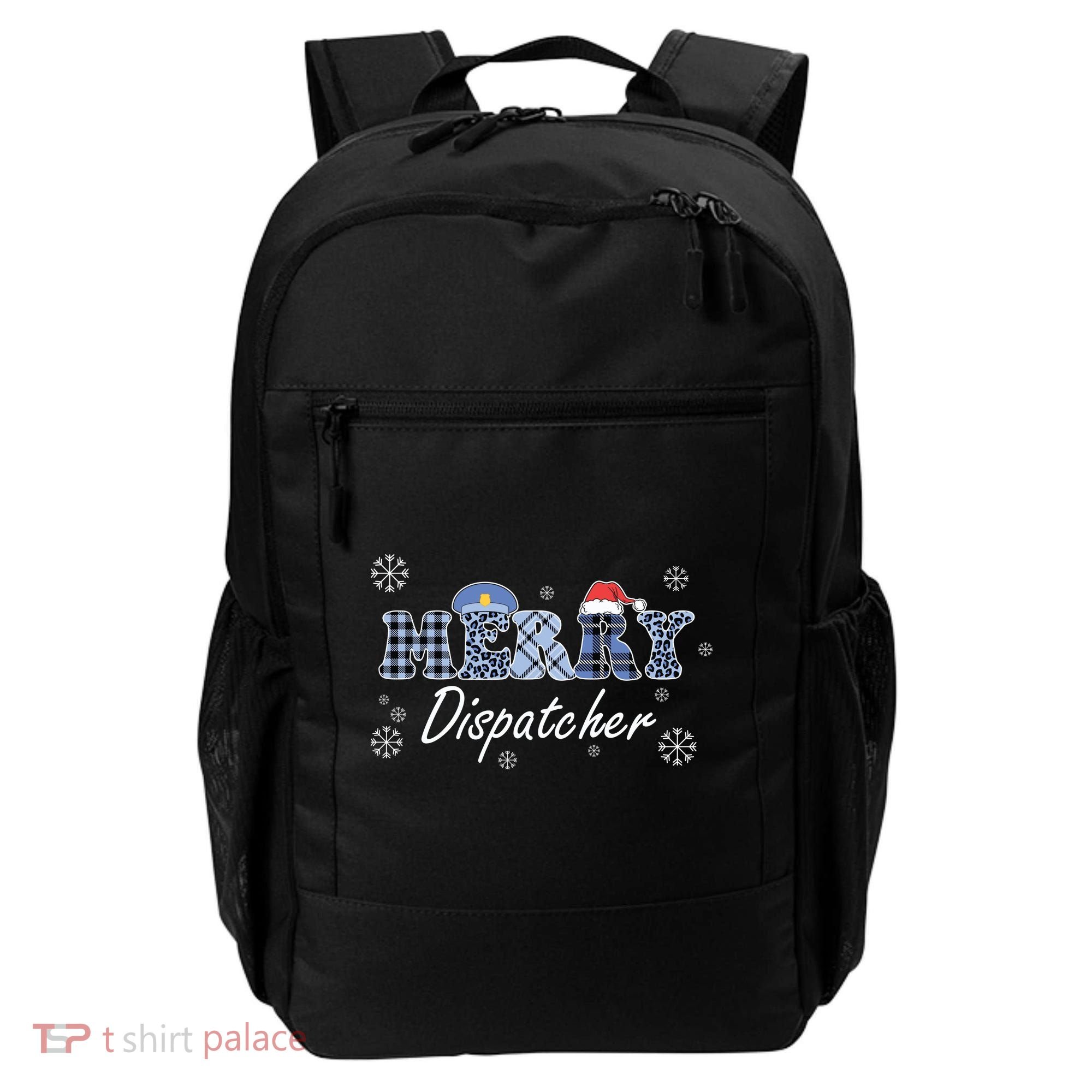 Merry Dispatcher Christmas Police Buffalo Plaid Leopard Santa Hat Graphic Backpack