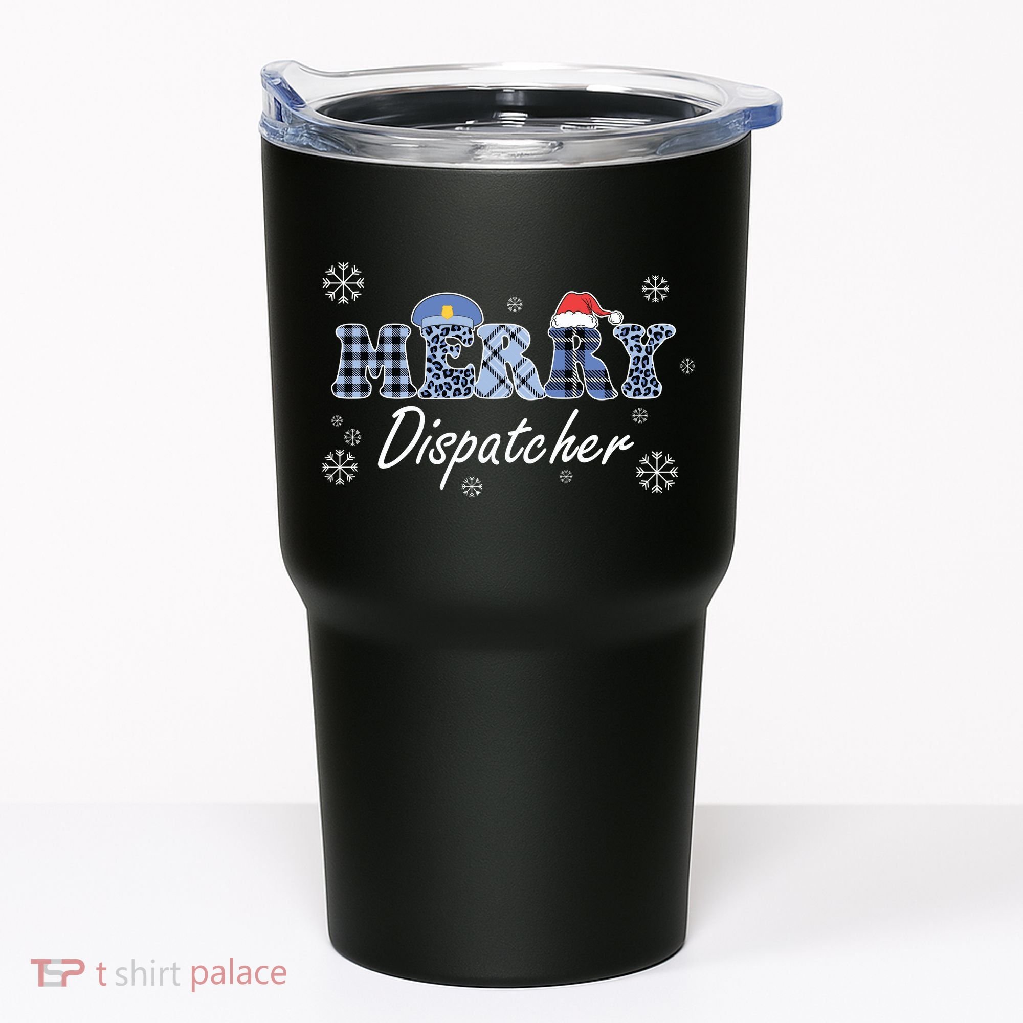 Merry Dispatcher Christmas Police Buffalo Plaid Leopard Santa Hat Graphic Tumbler