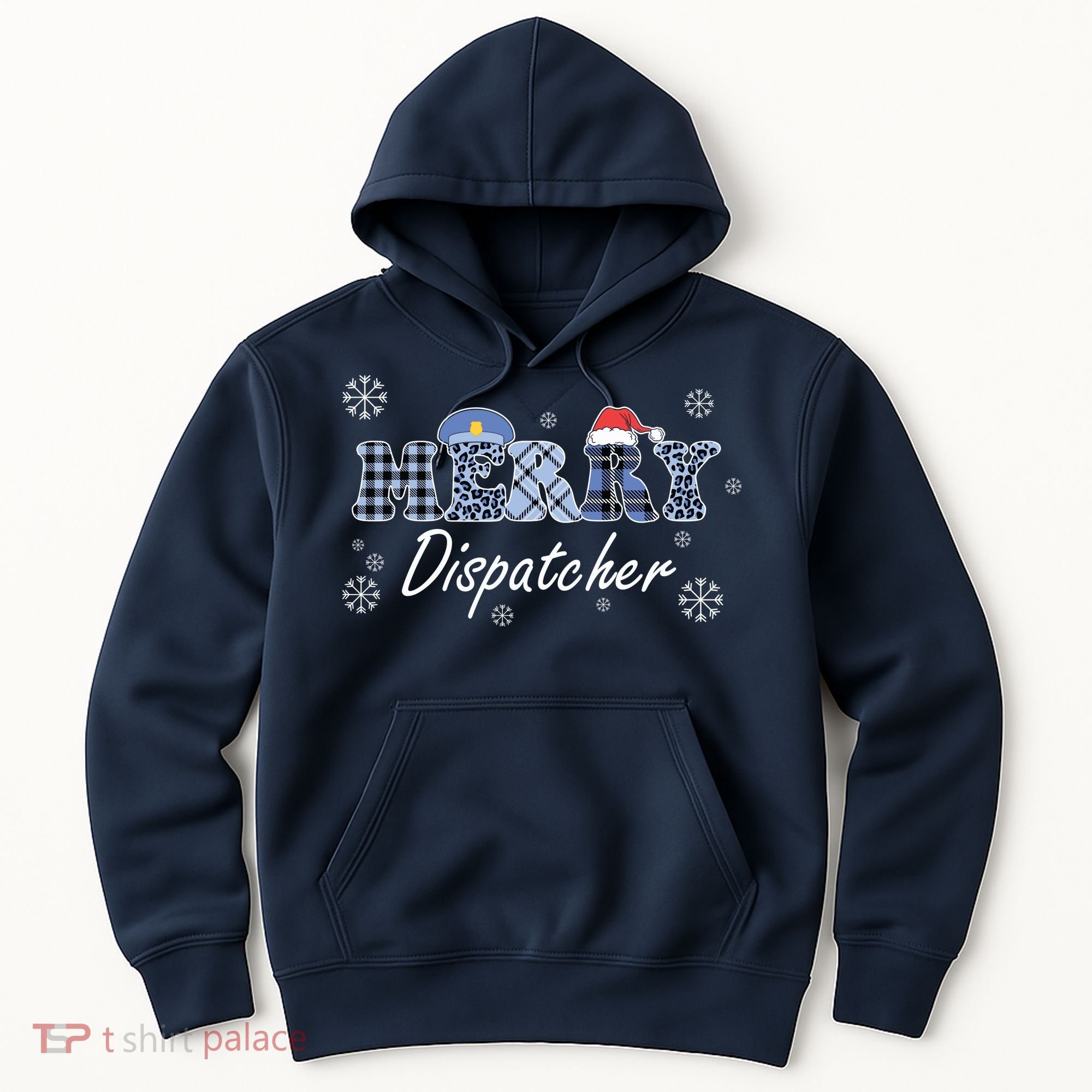 Merry Dispatcher Christmas Police Buffalo Plaid Leopard Santa Hat Graphic Hoodie