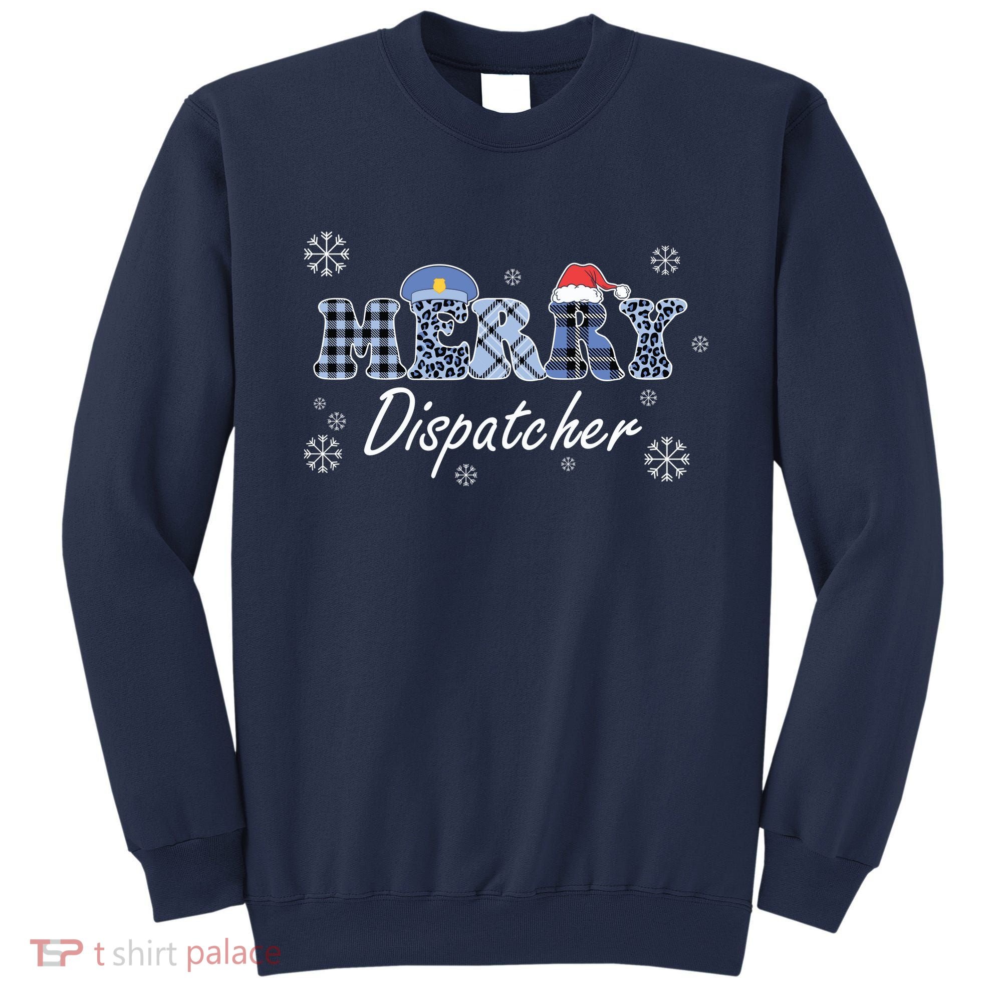 Merry Dispatcher Christmas Police Buffalo Plaid Leopard Santa Hat Graphic Sweatshirt