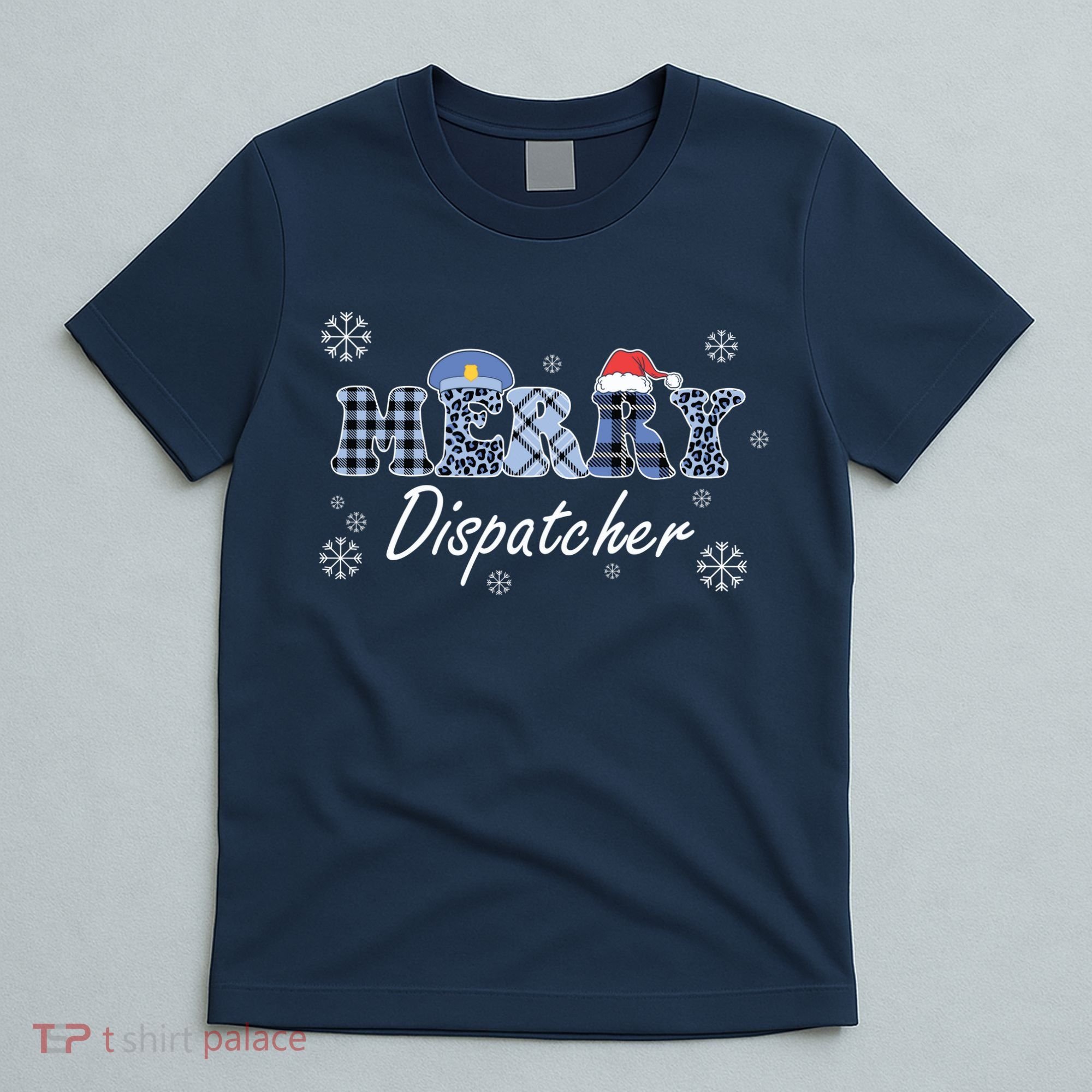 Merry Dispatcher Christmas Police Buffalo Plaid Leopard Santa Hat Graphic T-Shirt
