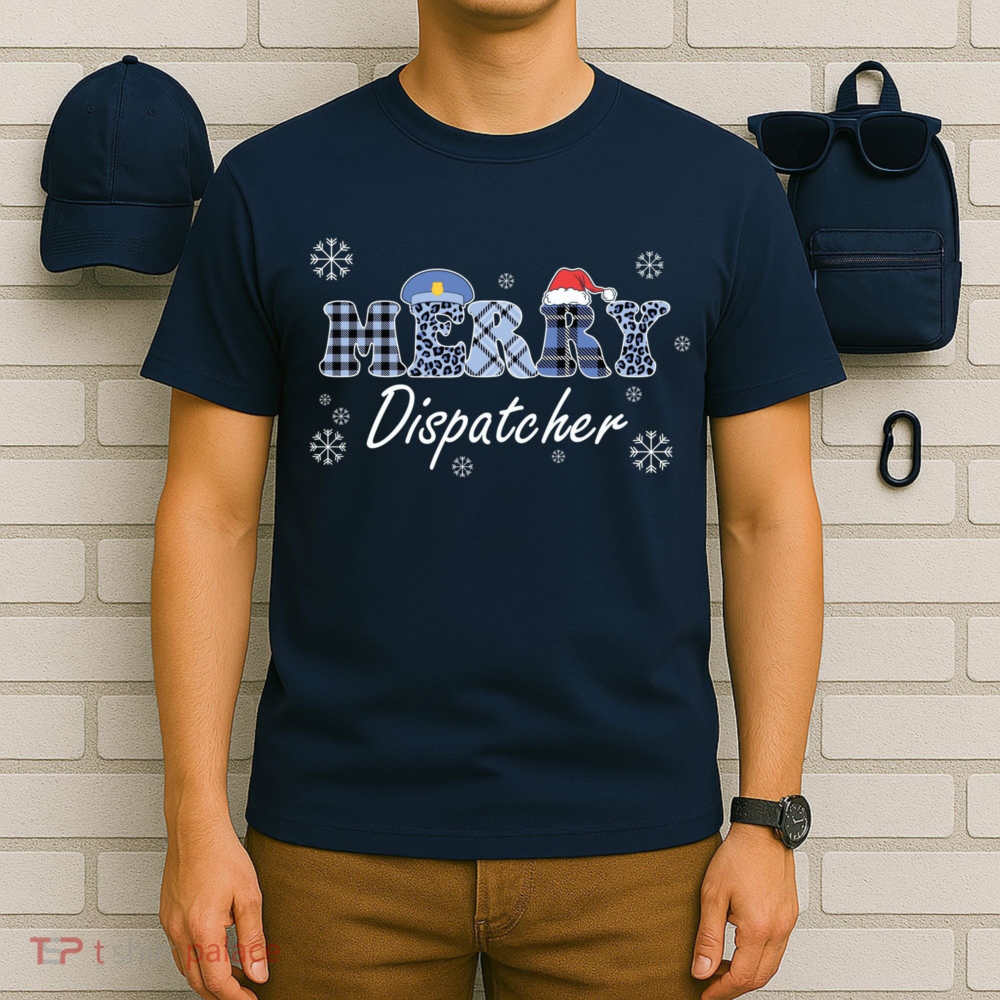 Merry Dispatcher Christmas Police Buffalo Plaid Leopard Santa Hat Graphic T-Shirt