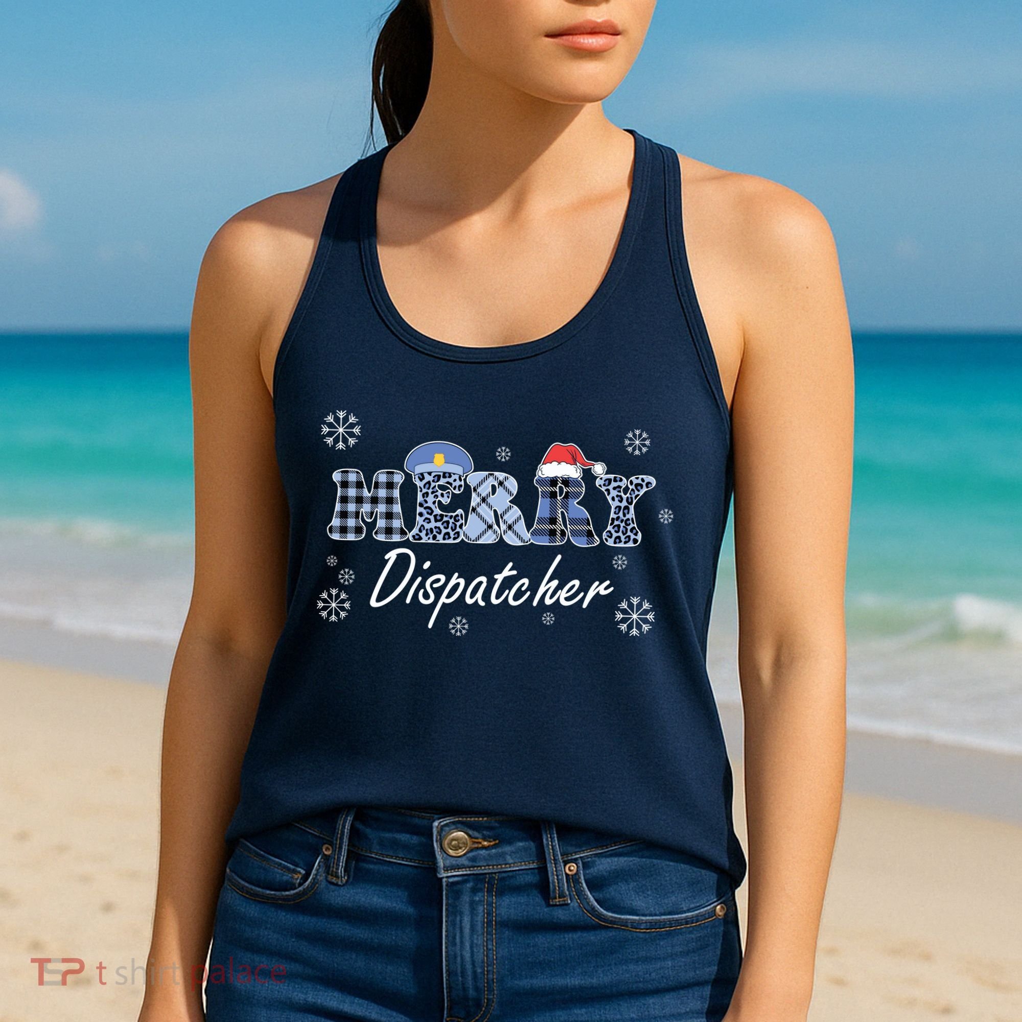 Merry Dispatcher Christmas Police Buffalo Plaid Leopard Santa Hat Graphic Women's Tank Top