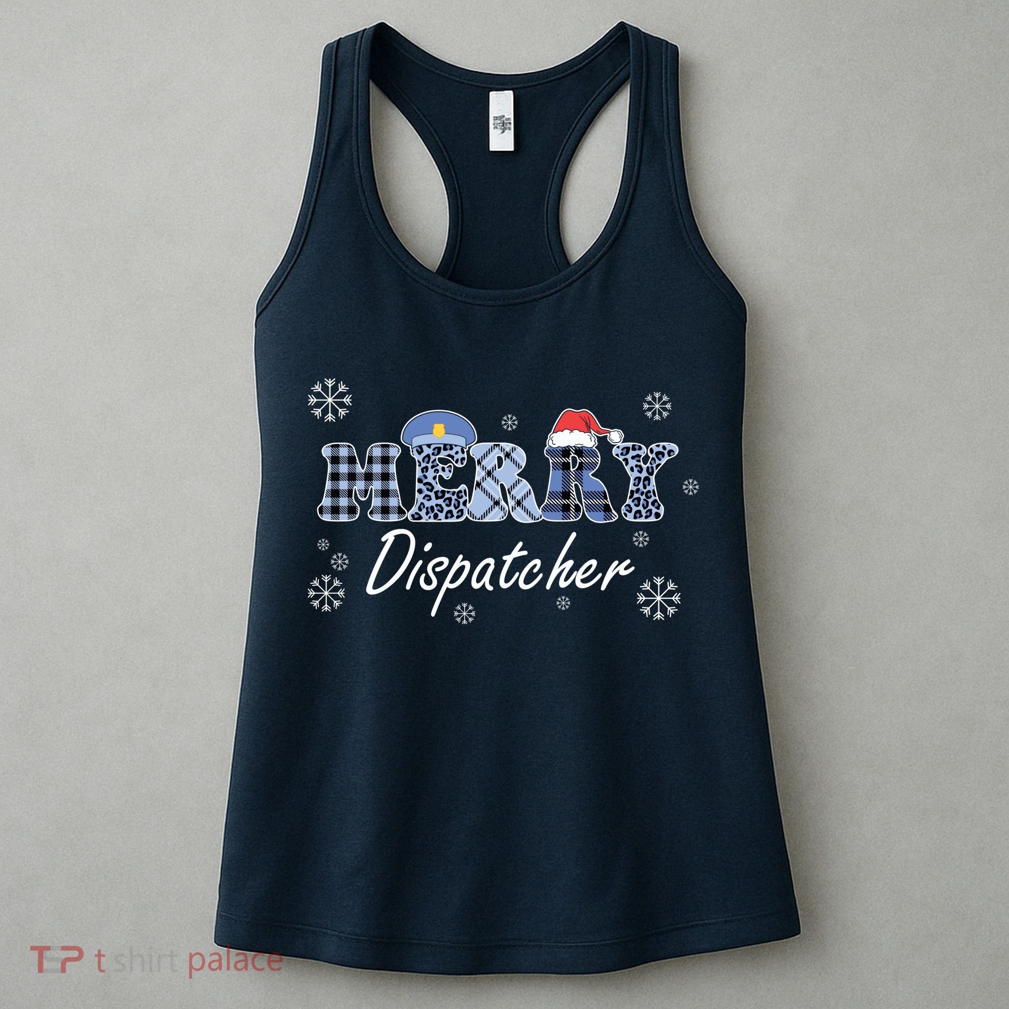 Merry Dispatcher Christmas Police Buffalo Plaid Leopard Santa Hat Graphic Women's Tank Top