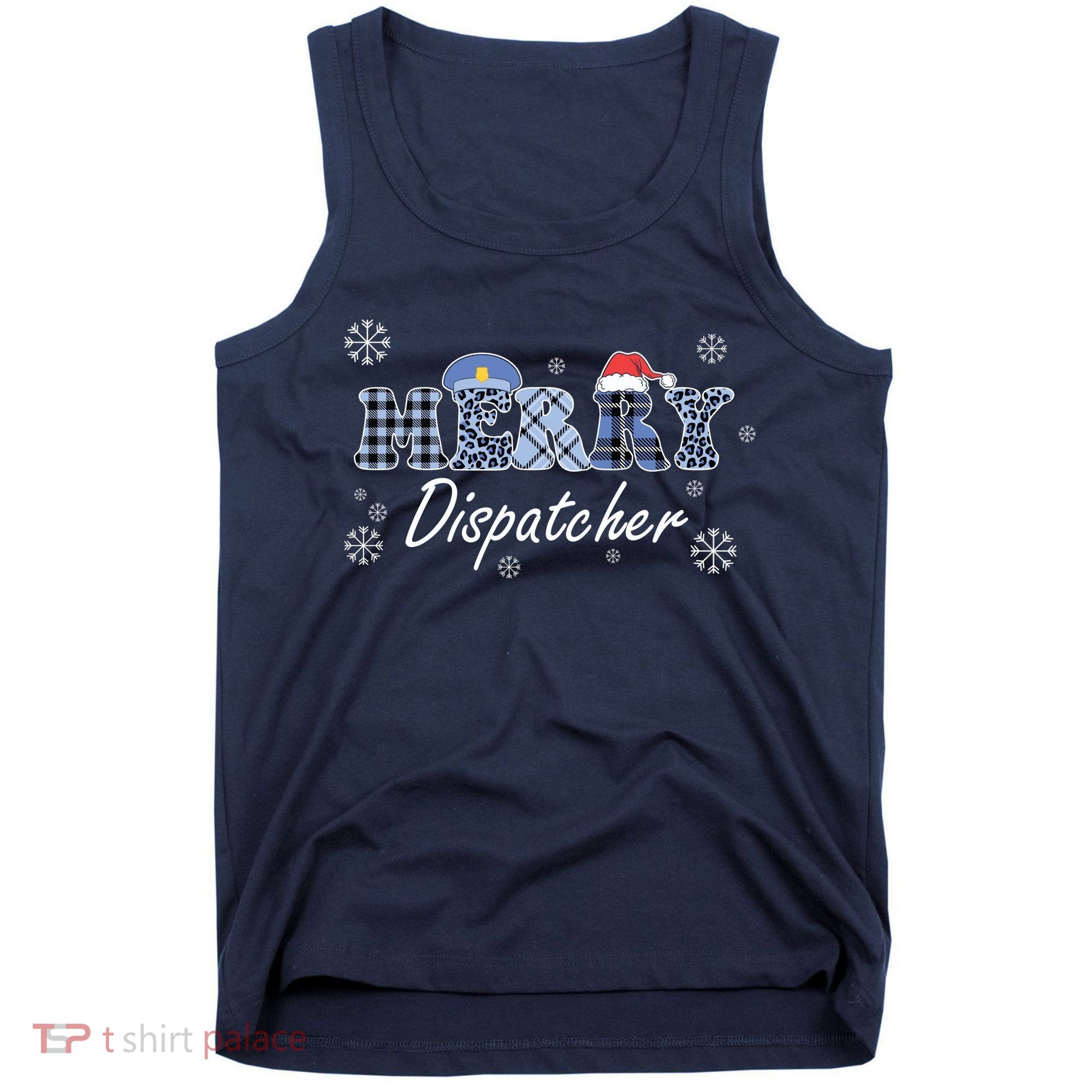 Merry Dispatcher Christmas Police Buffalo Plaid Leopard Santa Hat Graphic Tank Top