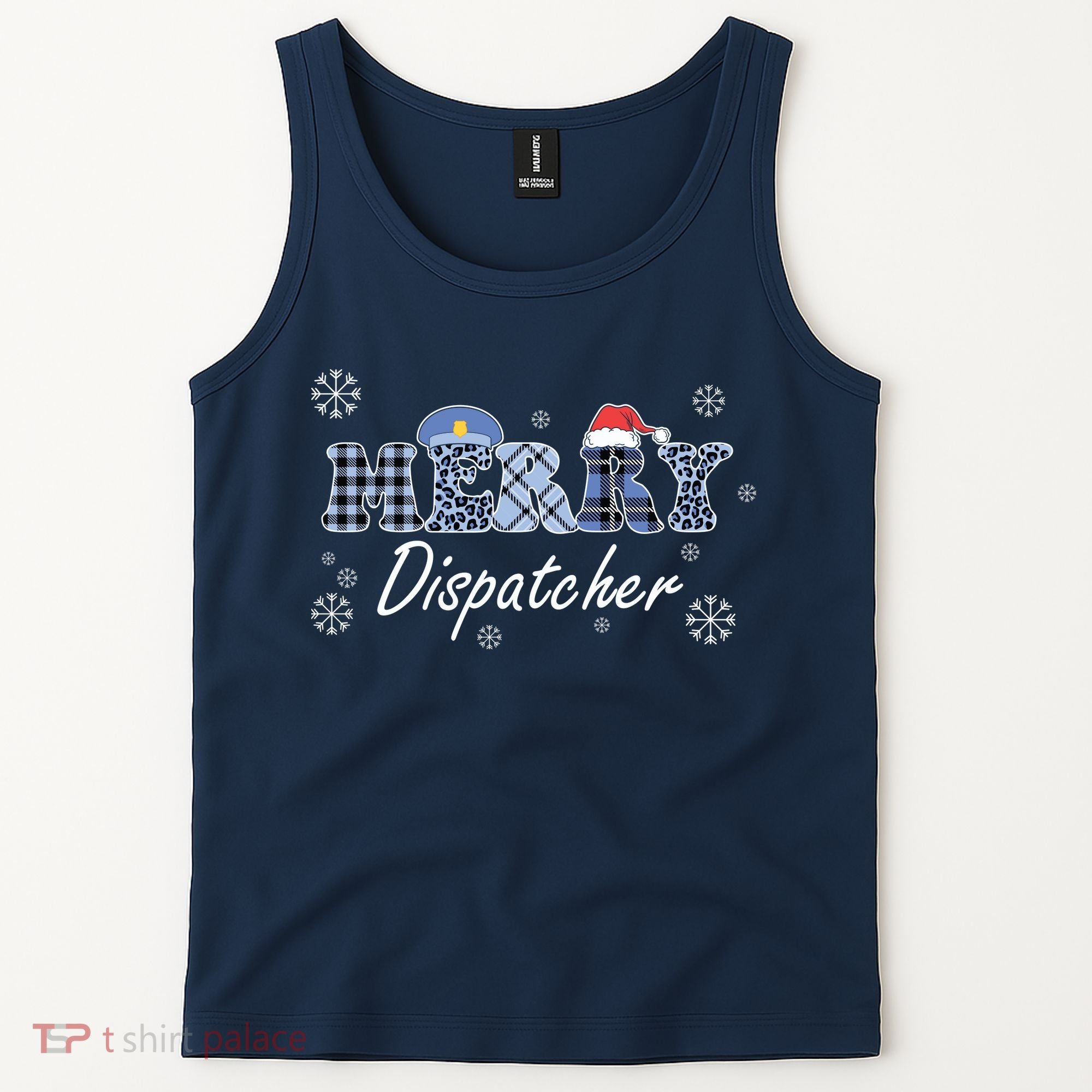 Merry Dispatcher Christmas Police Buffalo Plaid Leopard Santa Hat Graphic Tank Top
