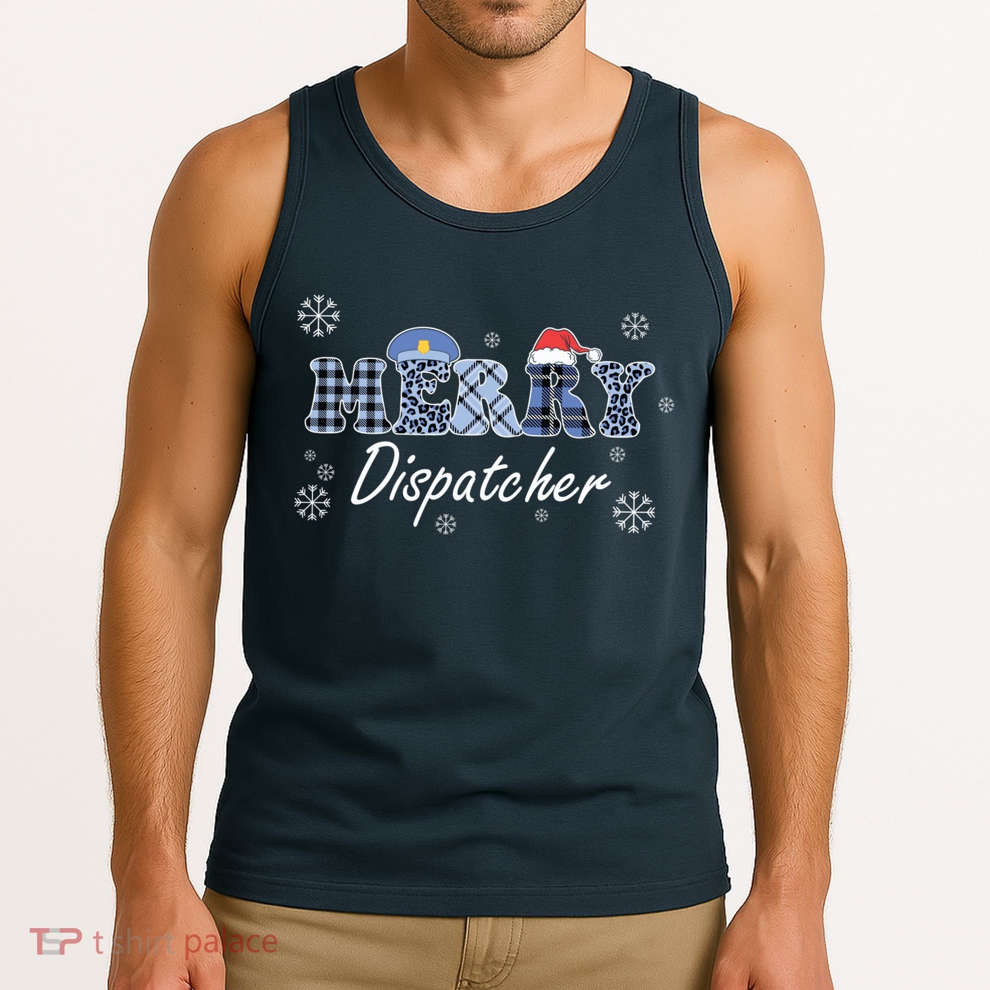 Merry Dispatcher Christmas Police Buffalo Plaid Leopard Santa Hat Graphic Tank Top