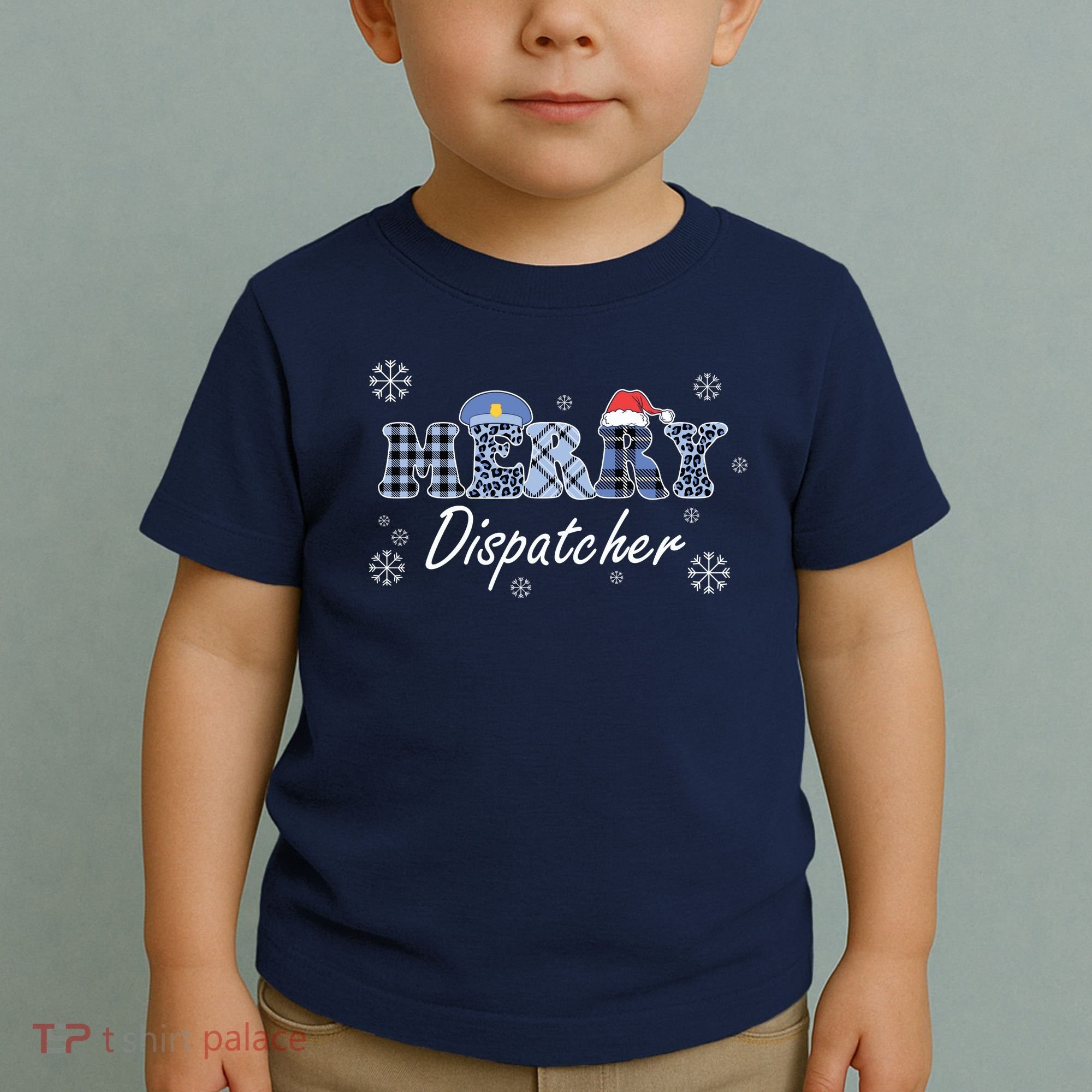 Merry Dispatcher Christmas Police Buffalo Plaid Leopard Santa Hat Graphic Toddler T-Shirt