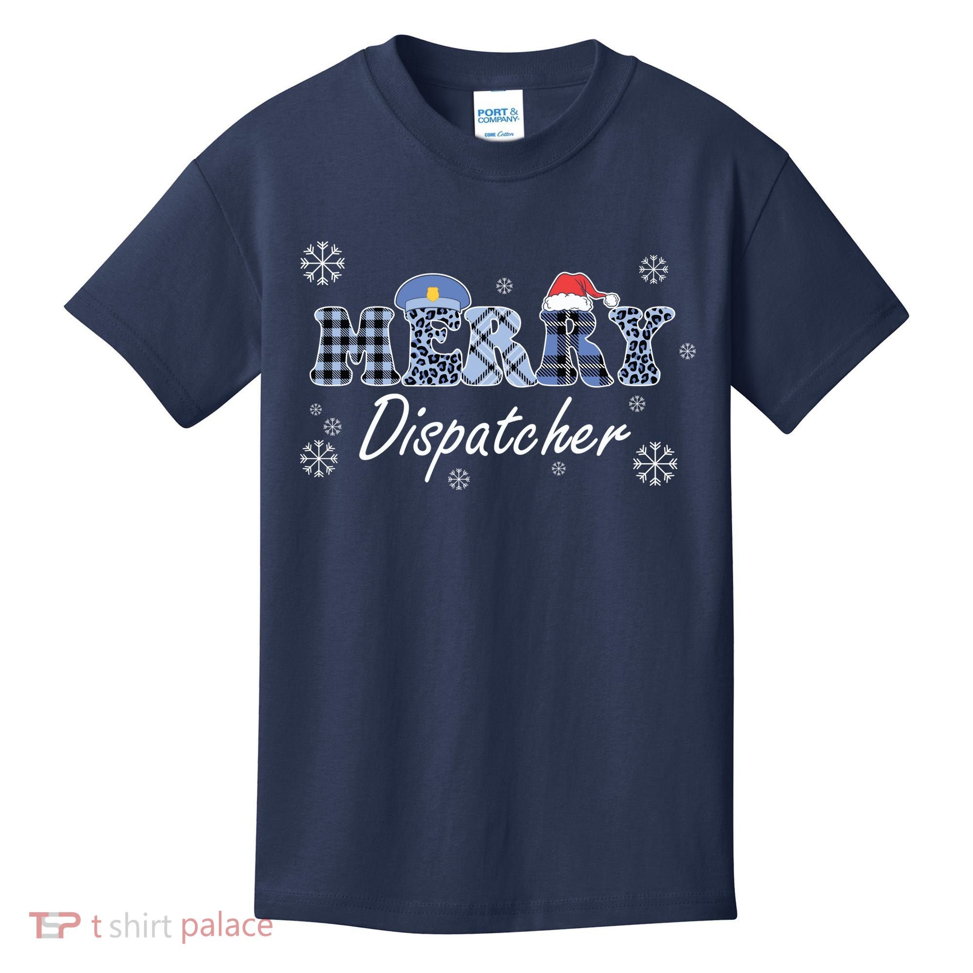 Merry Dispatcher Christmas Police Buffalo Plaid Leopard Santa Hat Graphic Kids T-Shirt