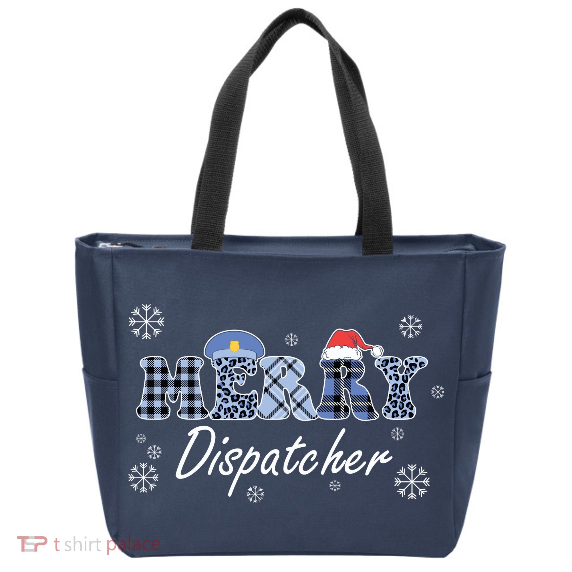Merry Dispatcher Christmas Police Buffalo Plaid Leopard Santa Hat Graphic Tote Bag