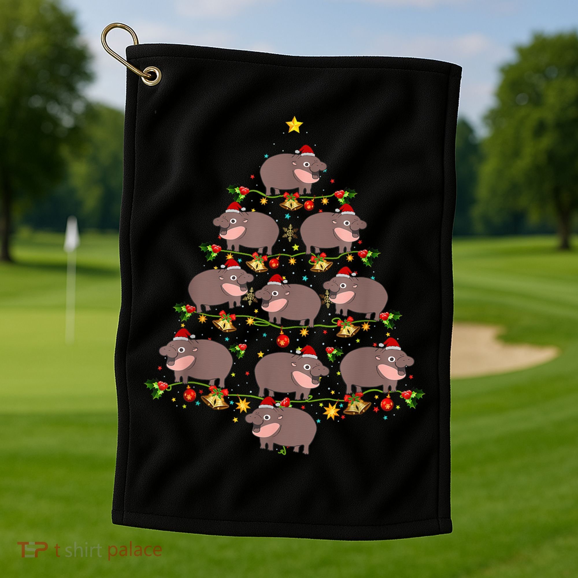 Moo Deng Christmas Tree Funny Christmas Cute Moo Deng Golf Towel