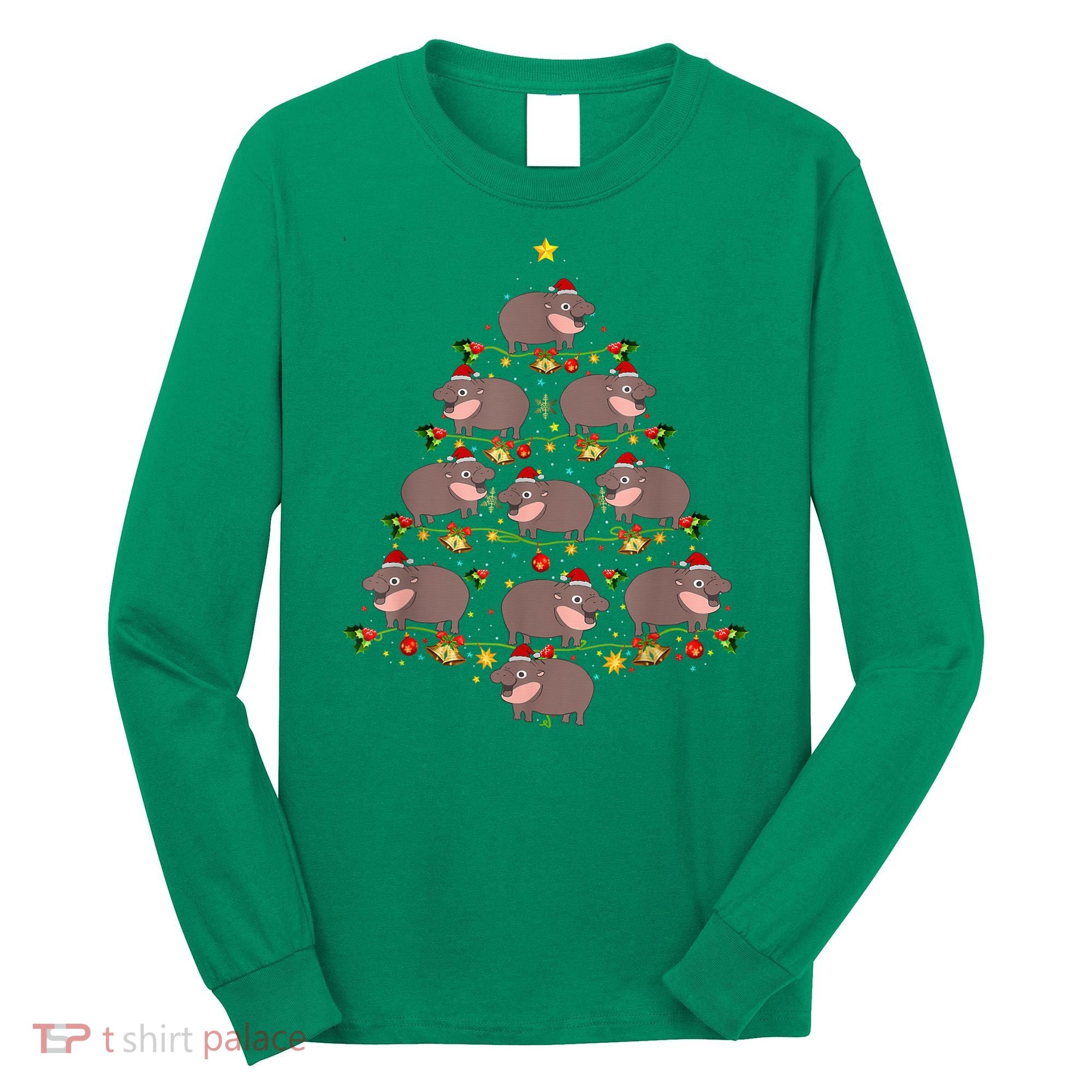 Moo Deng Christmas Tree Funny Christmas Cute Moo Deng Long Sleeve Shirt
