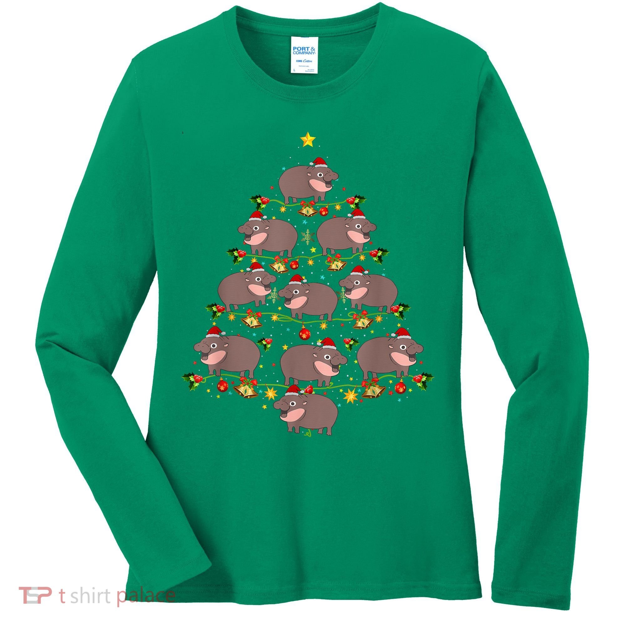 Moo Deng Christmas Tree Funny Christmas Cute Moo Deng Women's Long Sleeve Shirt