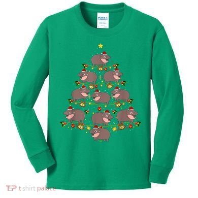 Moo Deng Christmas Tree Funny Christmas Cute Moo Deng Kids Long Sleeve Shirt