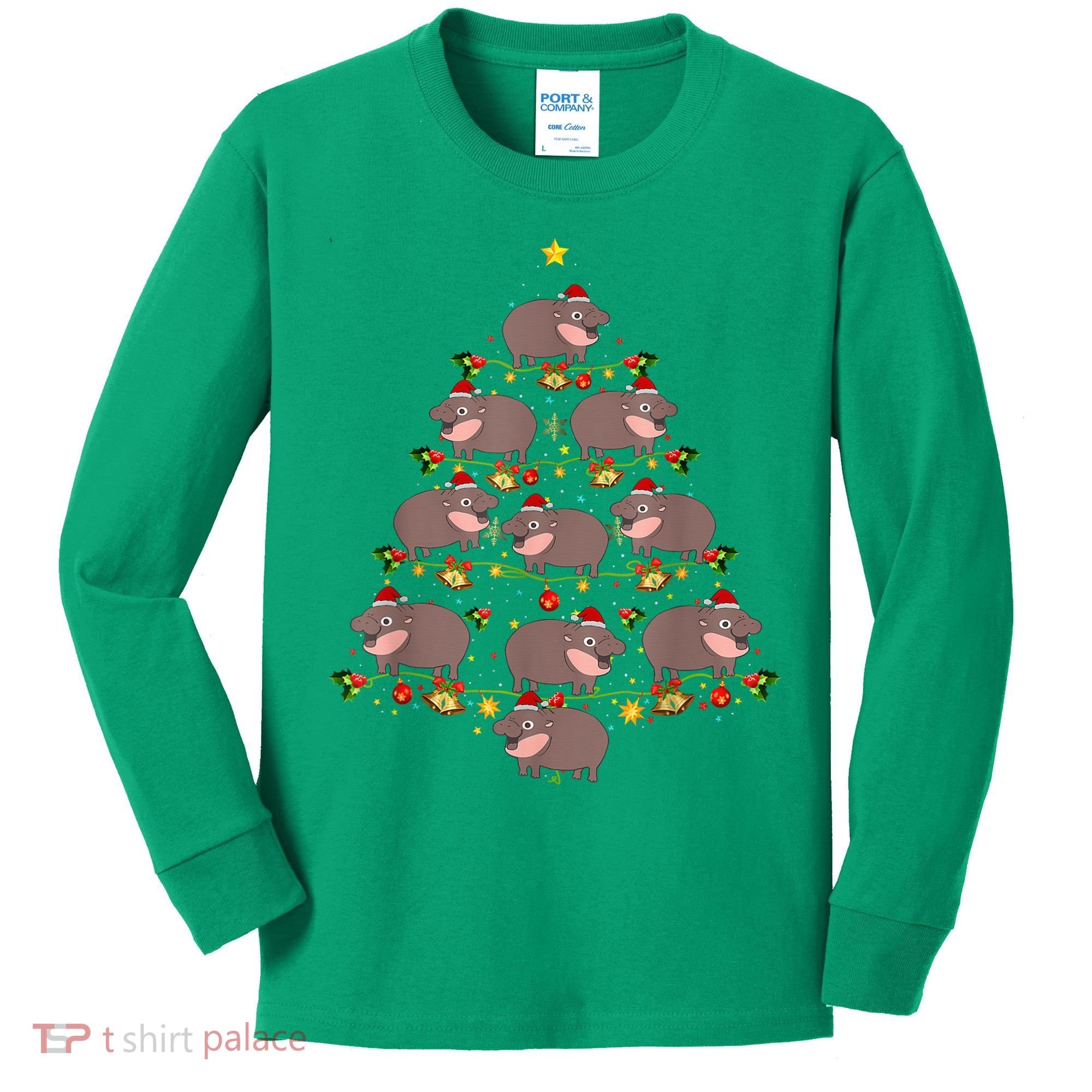 Moo Deng Christmas Tree Funny Christmas Cute Moo Deng Kids Long Sleeve Shirt