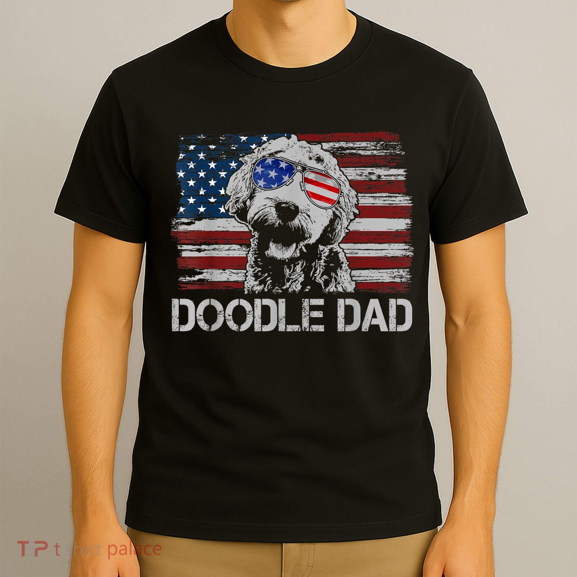Mens Doodle Dad Goldendoodle Dog American Flag 4th Of July T-Shirt