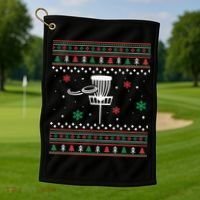 Merry Discmas Disc Golf Ugly Christmas Sweater Party Golf Towel thumb 1
