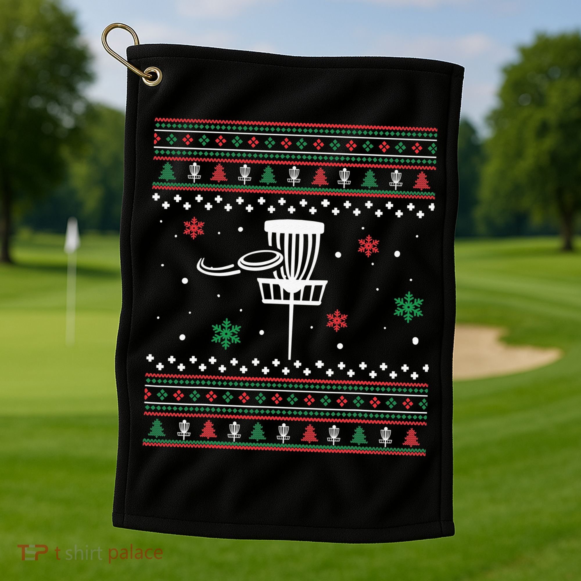 Merry Discmas Disc Golf Ugly Christmas Sweater Party Golf Towel