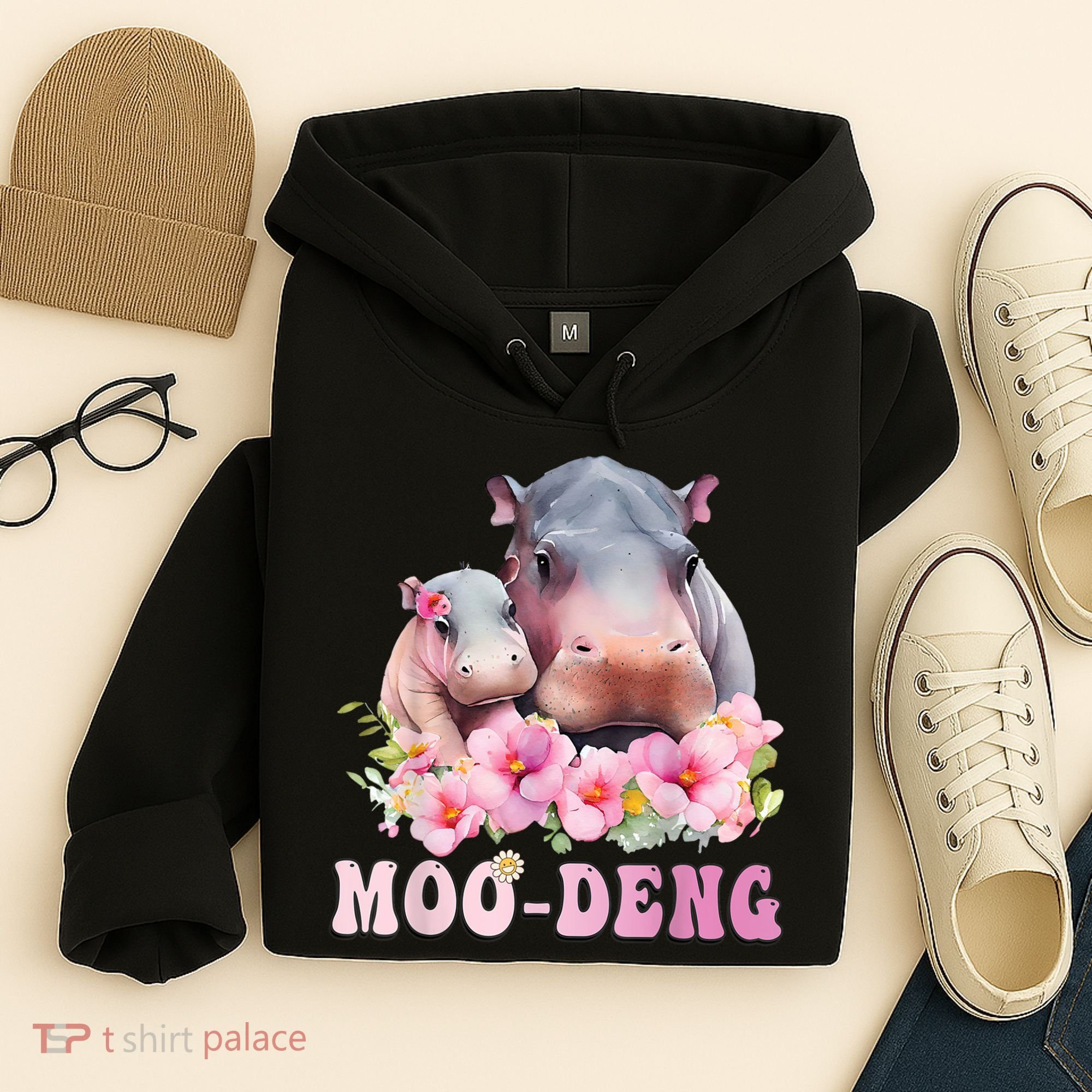 Moo Deng Floral Flower Pygmy Hippopotamus Hoodie