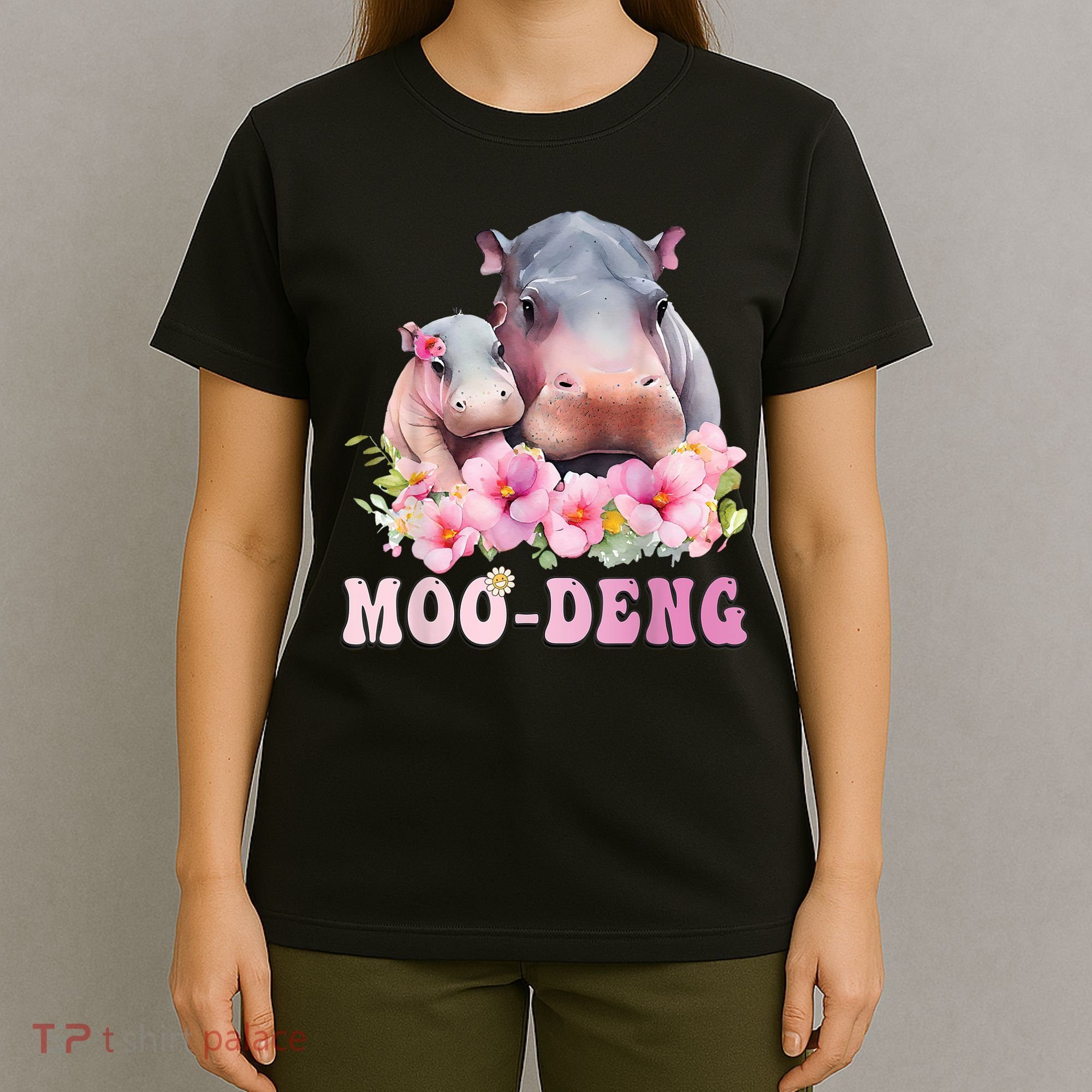 Moo Deng Floral Flower Pygmy Hippopotamus T-Shirt