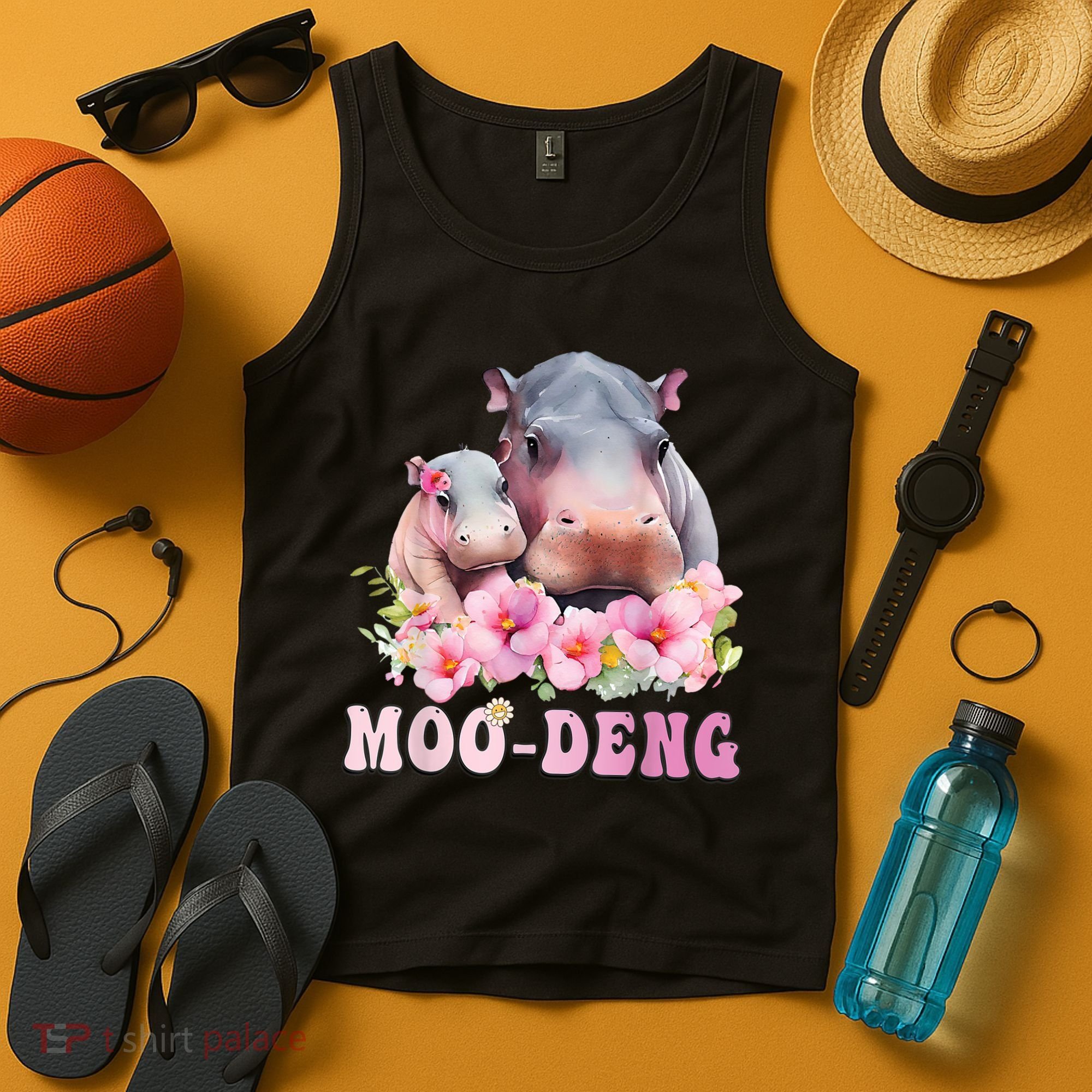 Moo Deng Floral Flower Pygmy Hippopotamus Tank Top